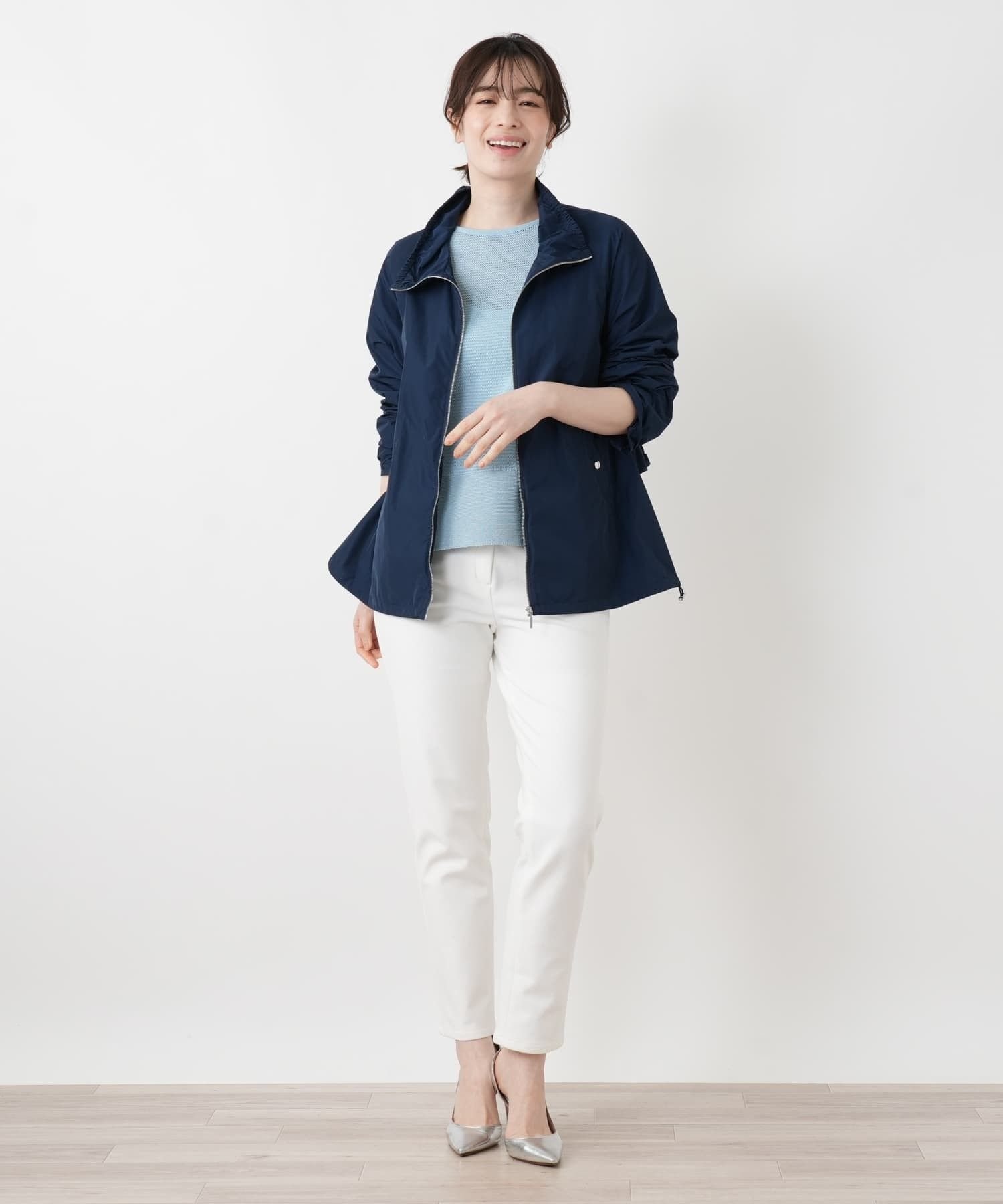 Leilian ペプラムハイネックジャケット【Leilian WHITE LABEL】 レリアン ジャケット・アウター テーラードジャケット・ブレザー ホワイト ブルー
