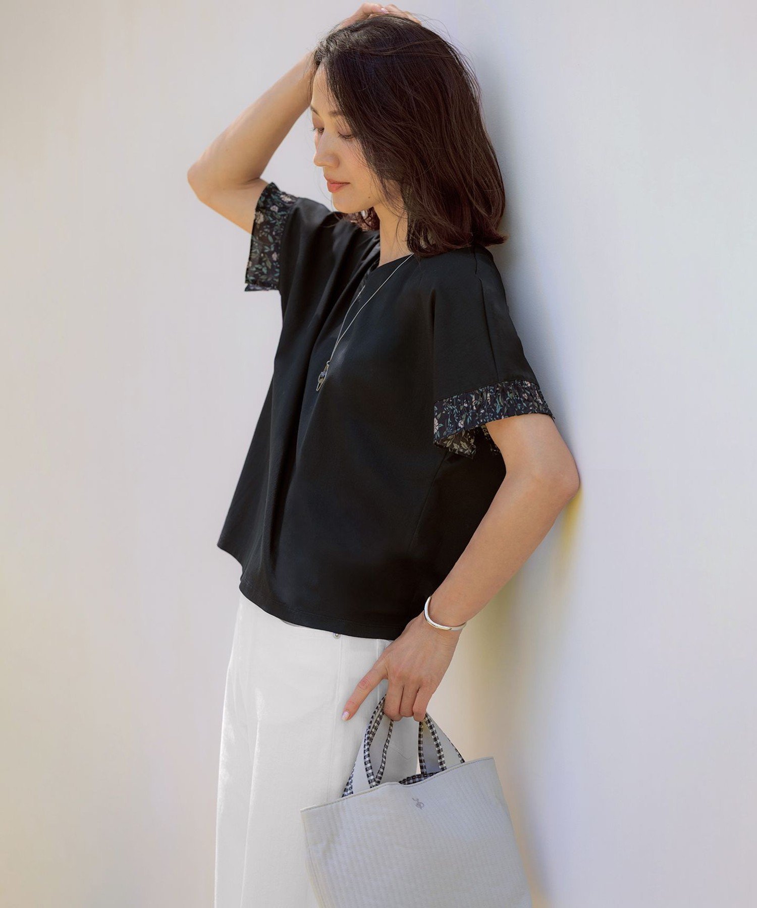 J.PRESS LADIES L 【一枚で着映え】LIBERTYコンビ 袖デザイン カットソー ジェイプレス トップス カットソー・Tシャツ ネイビー グレー