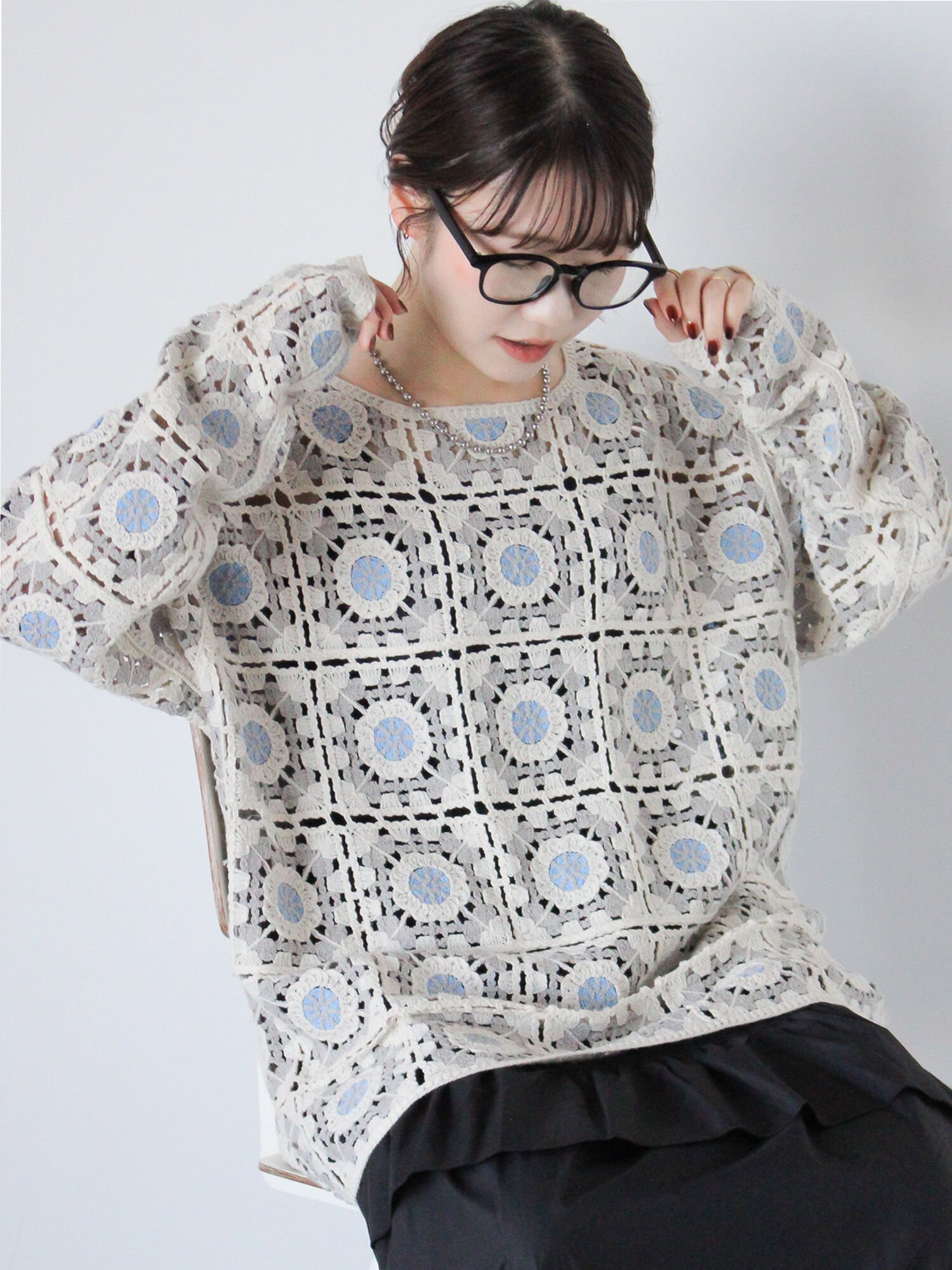 ehka sopo かぎ針風プルオーバー エヘカソポ トップス ニット ブラック ベージュ グレー【送料無料】のサムネイル