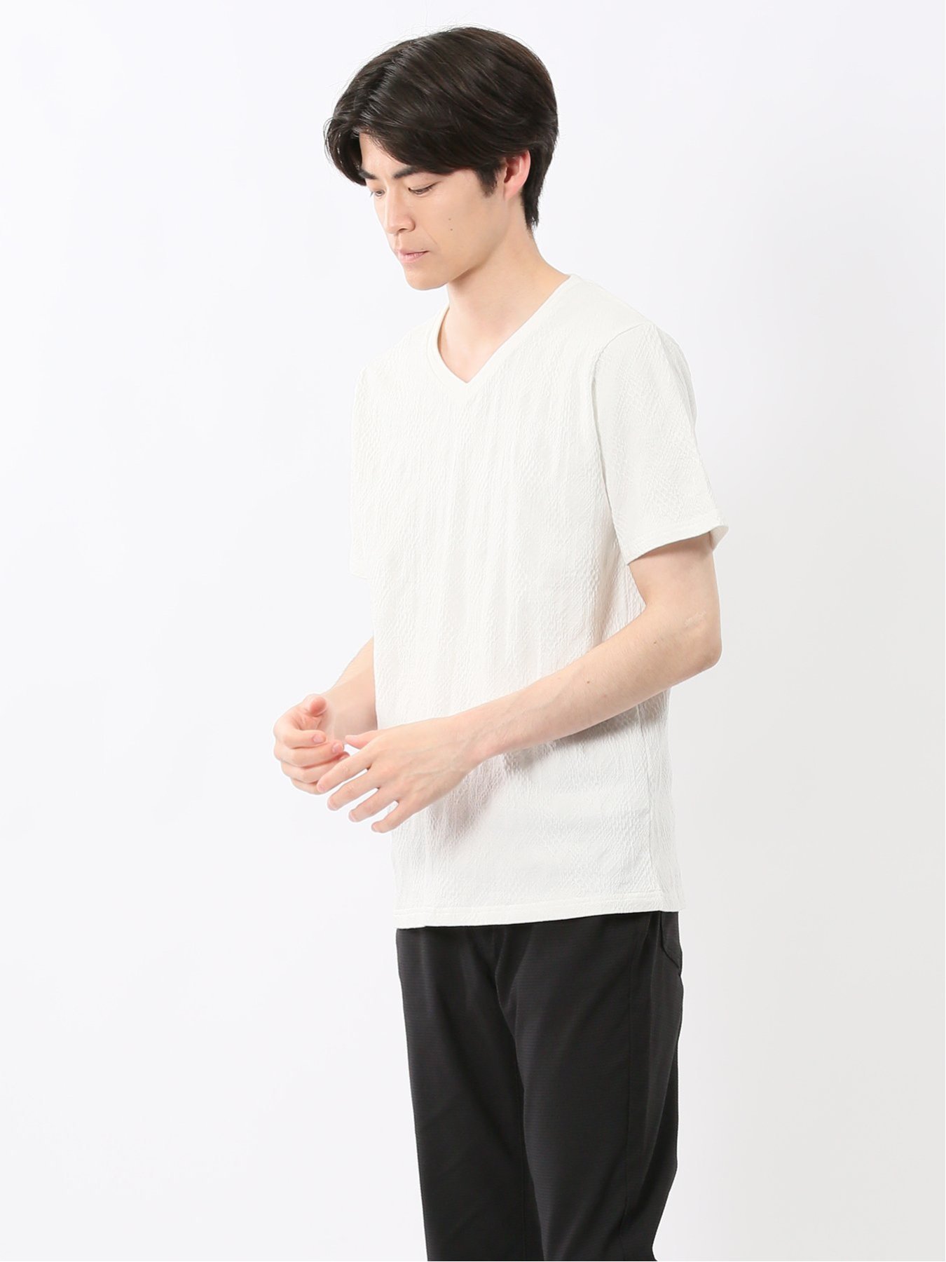 【SALE／20%OFF】TAKA-Q ふくれアーガイル Vネック半袖Tシャツ タカキュー トップス カットソー・Tシャツ ホワイト