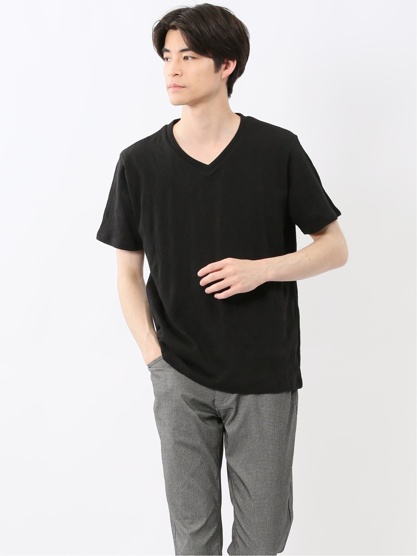 【SALE／20%OFF】TAKA-Q ふくれアーガイル Vネック半袖Tシャツ タカキュー トップス カットソー・Tシャツ ホワイト