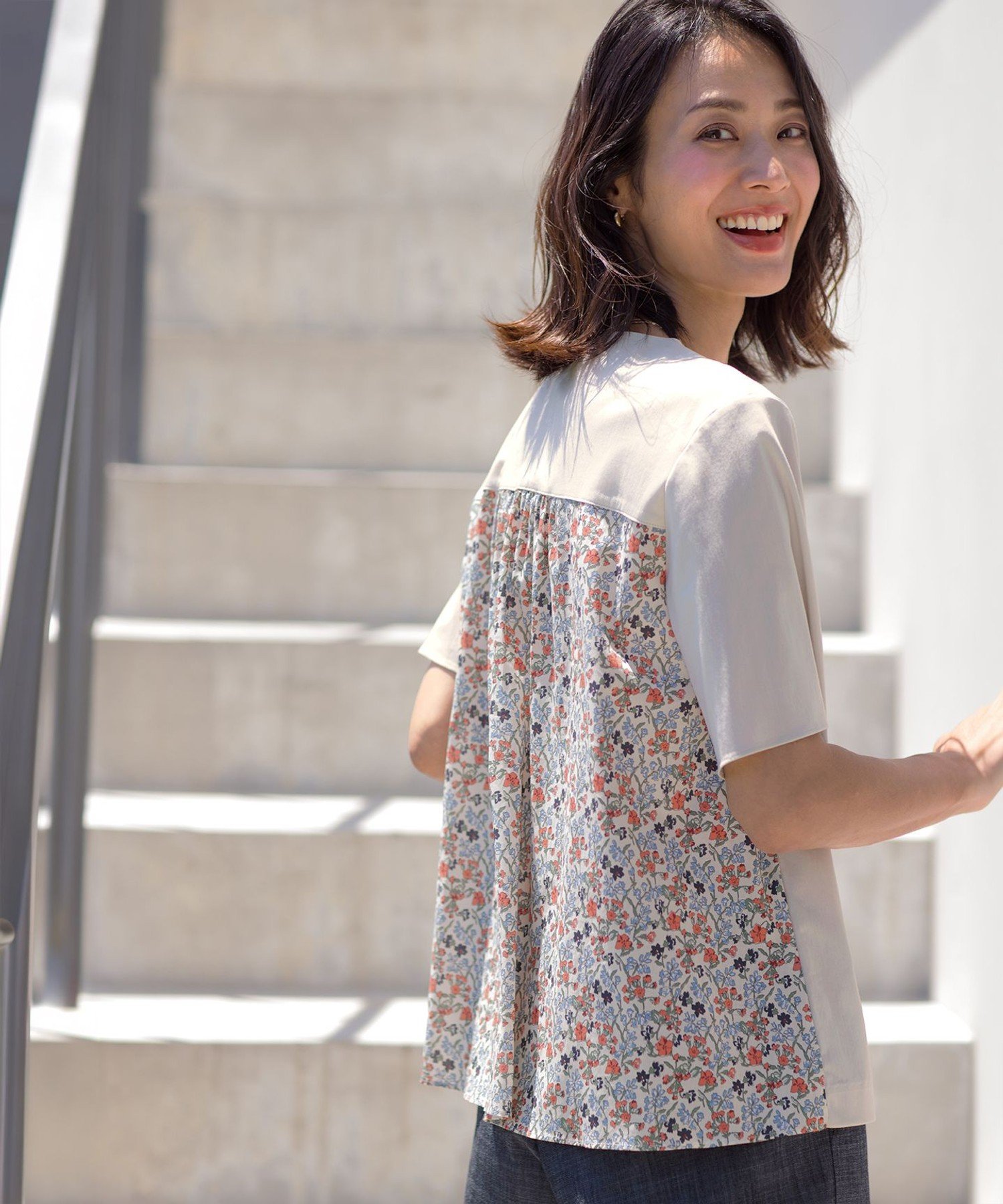J.PRESS LADIES L 【一枚で着映え】LIBERTYコンビ バックデザイン カットソー ジェイプレス トップス カットソー・Tシャツ グレー ネイビー