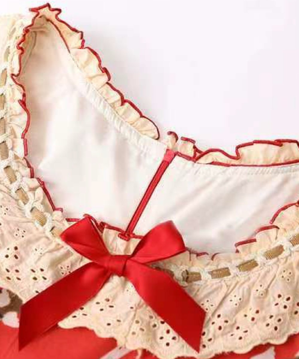 LA POMME petit Red Motif Lace Flare Bear One Piece/レッドモチーフレースフレアベアワンピース ラポミ・プチ ワンピース・ドレス ワンピース レッド