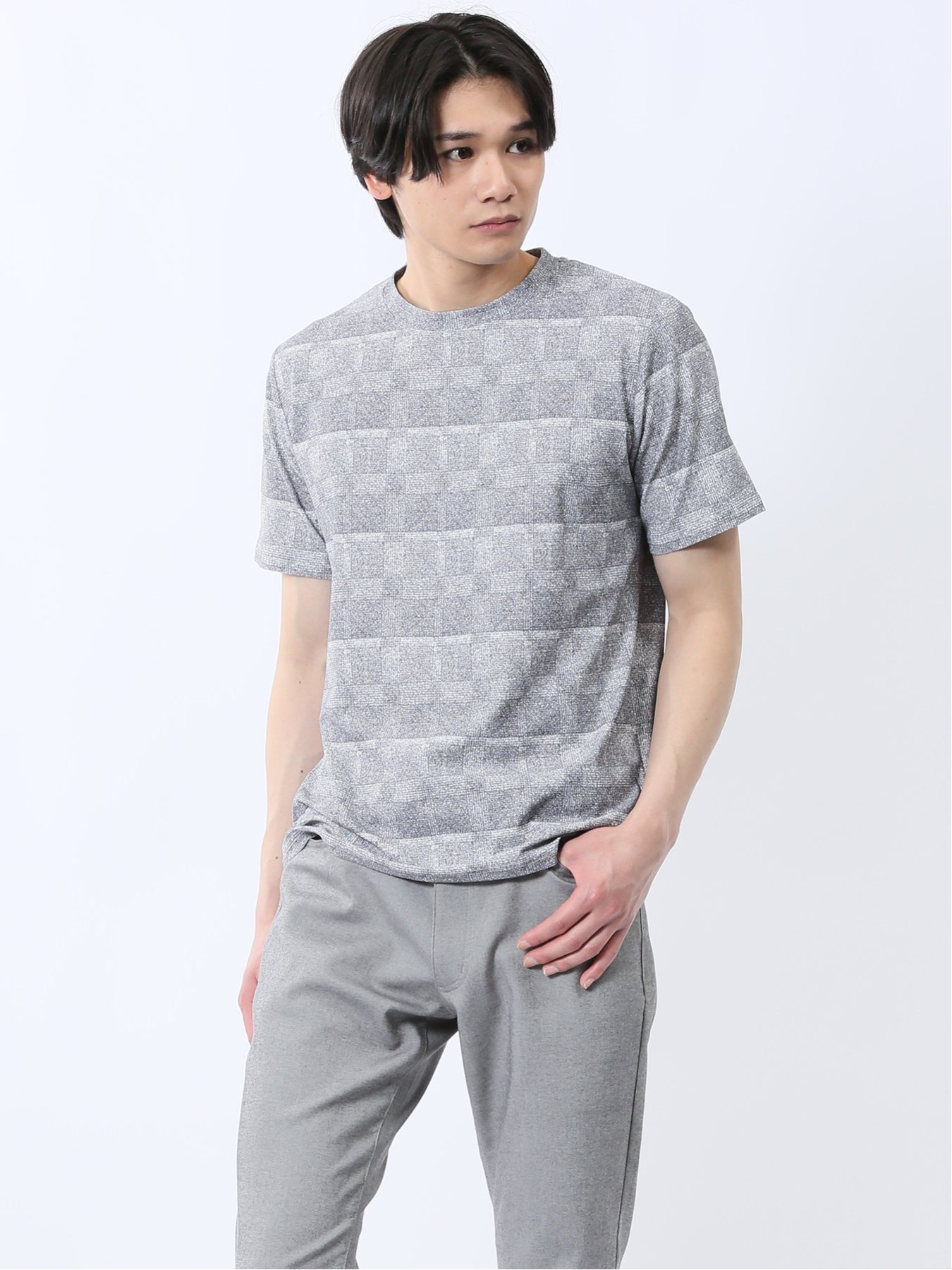 【SALE／20%OFF】TAKA-Q メッシュ かすれプリント クルーネック半袖Tシャツ タカキュー トップス カットソー・Tシャツ グレー