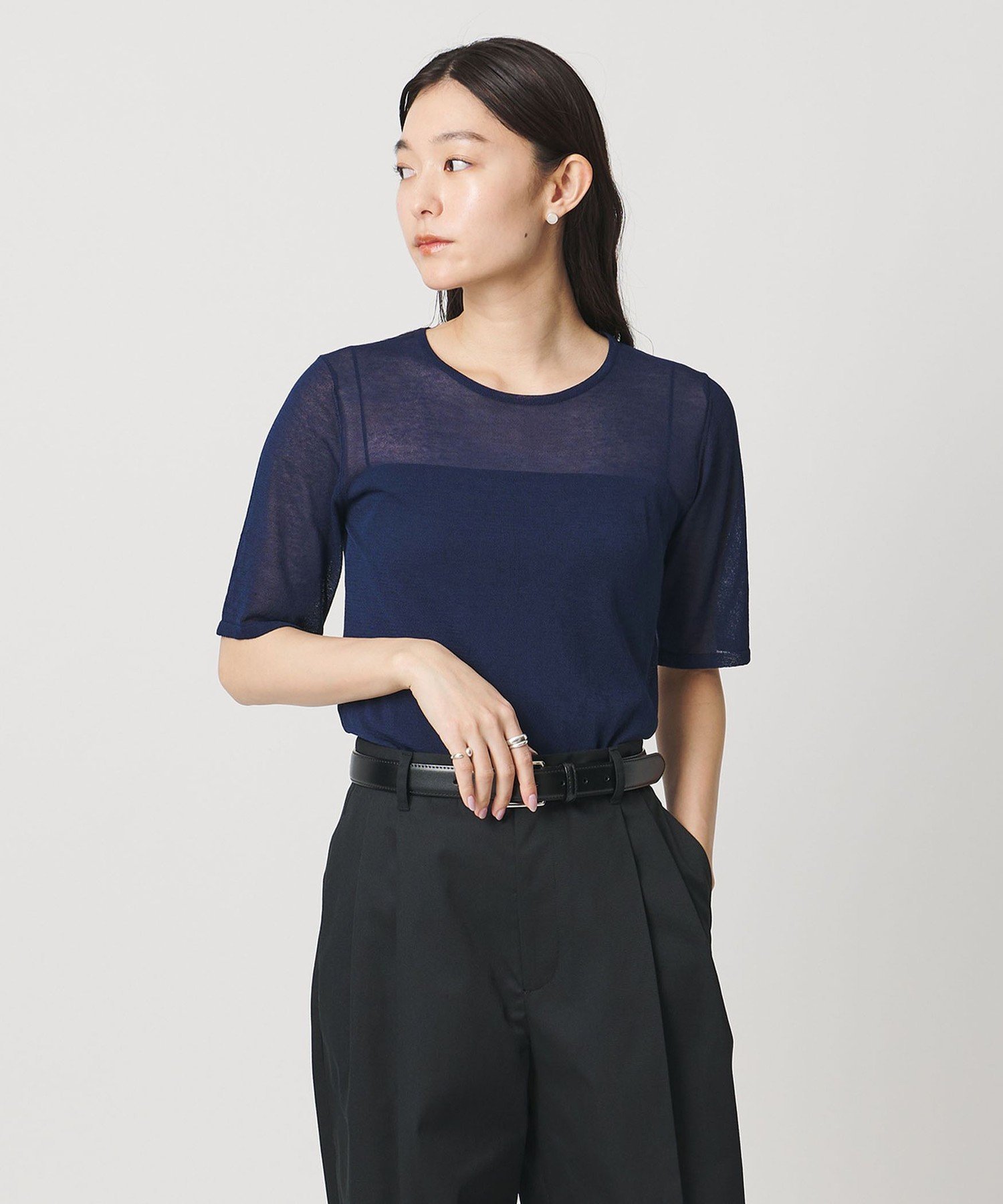 ＜MARW UNITED ARROWS＞5分袖 シアー ニット ビューティー＆ユース ユナイテッドアローズ トップス ニット グレー ブラック ネイビー