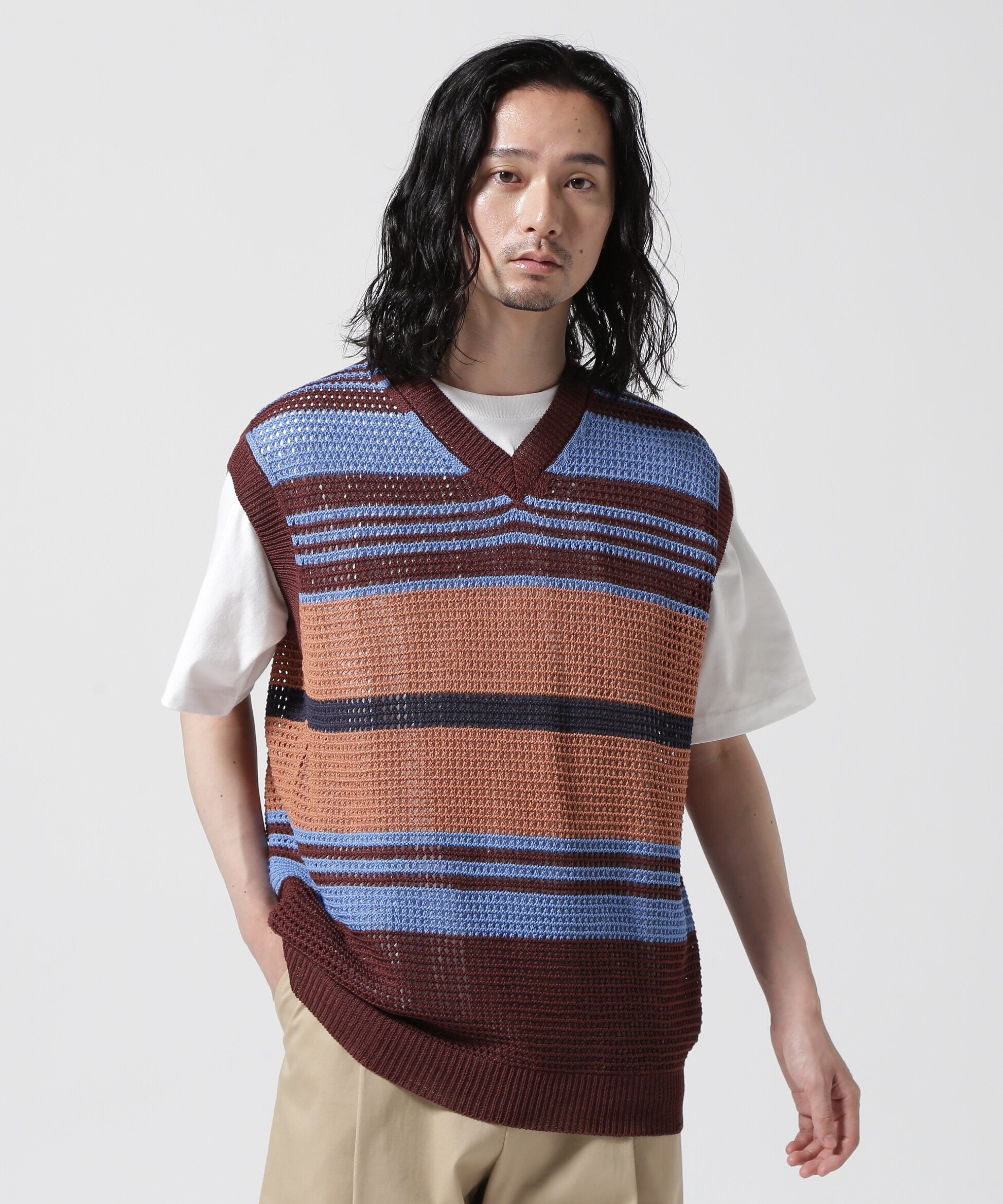 【SALE／50%OFF】GARDEN TOKYO YOKE/ヨーク/BORDER MESH KNIT VEST ガーデン トップス ニット ネイビー ブラウン【送料無料】のサムネイル