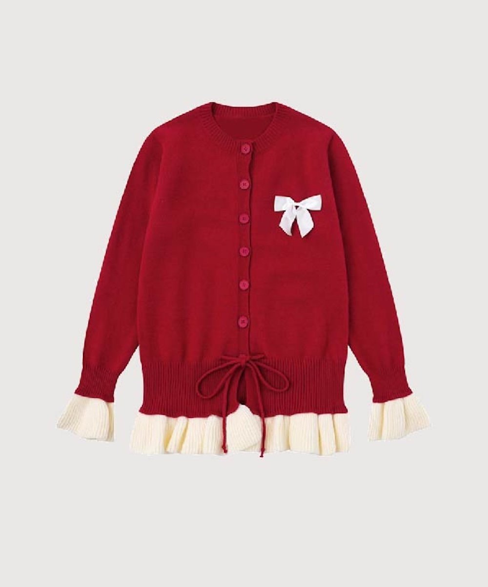 LA POMME petit Lace Up Frill Cardigan ラポミ・プチ トップス カーディガン レッド グレー【送料無料】