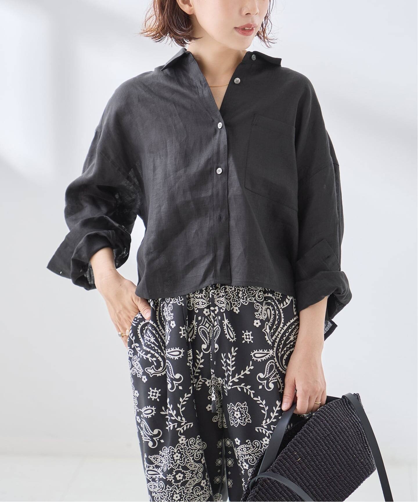 JOURNAL STANDARD L'ESSAGE ヨーロピアンフラックス ショートシャツ ジャーナルスタンダード レサージュ トップス シャツ・ブラウス ブラック ベージュ パープル