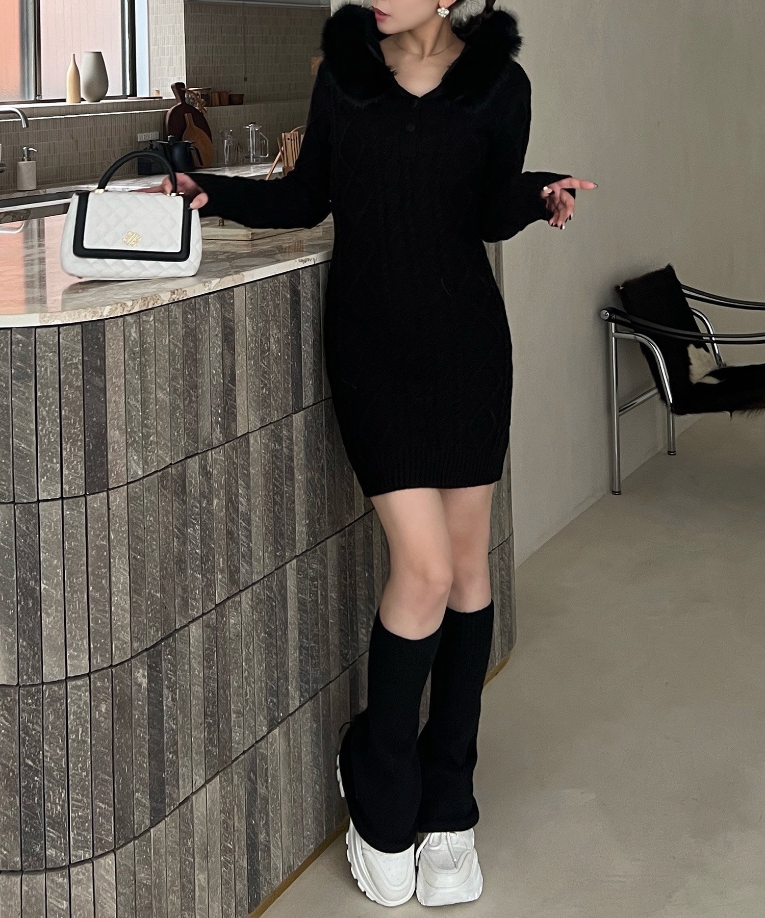 ROYAL PARTY フードファーケーブルニットミニワンピース ロイヤルパーティー ワンピース・ドレス ワンピース ホワイト ブラック ブラウン【送料無料】