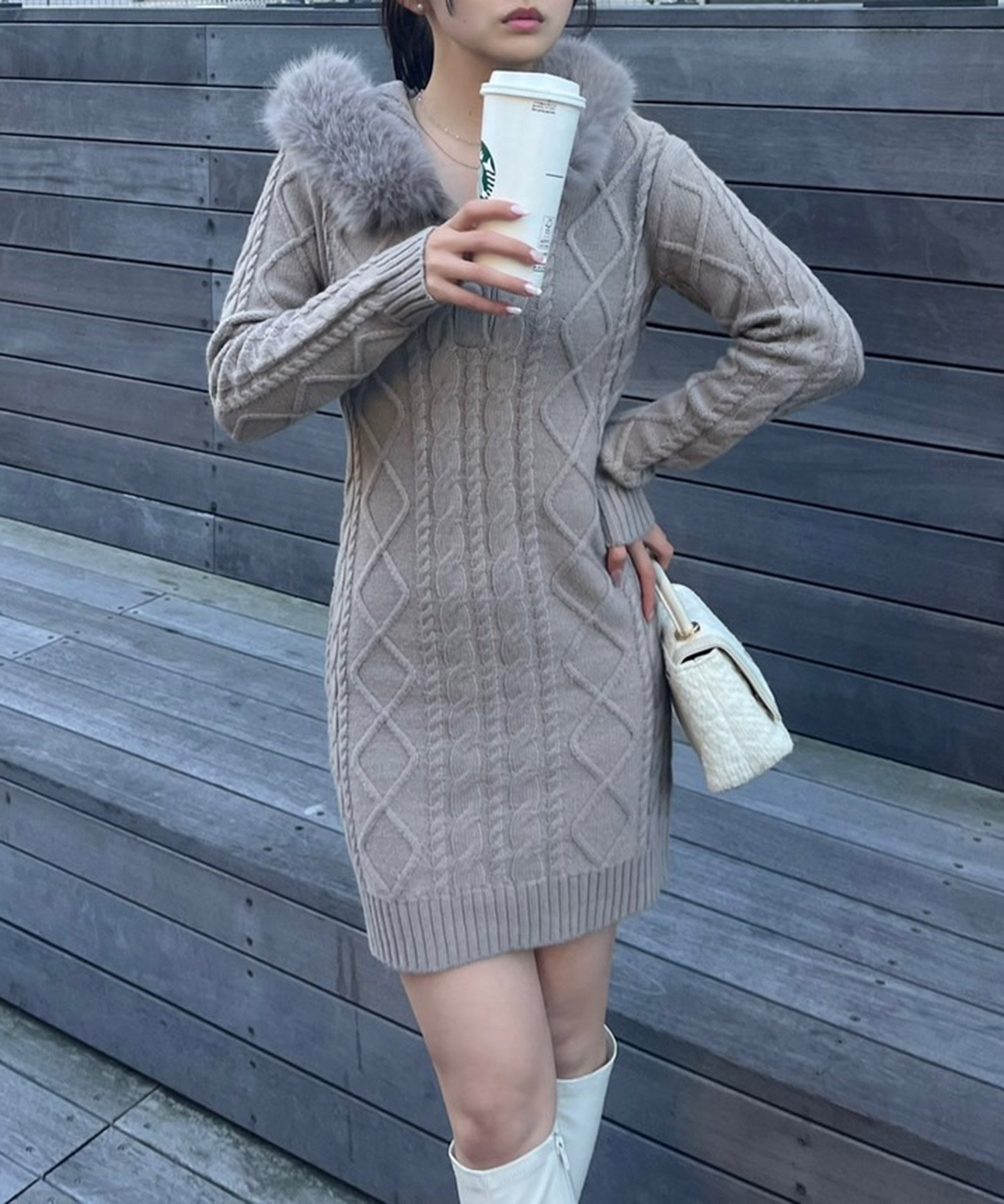 ROYAL PARTY フードファーケーブルニットミニワンピース ロイヤルパーティー ワンピース・ドレス ワンピース ホワイト ブラック ブラウン【送料無料】