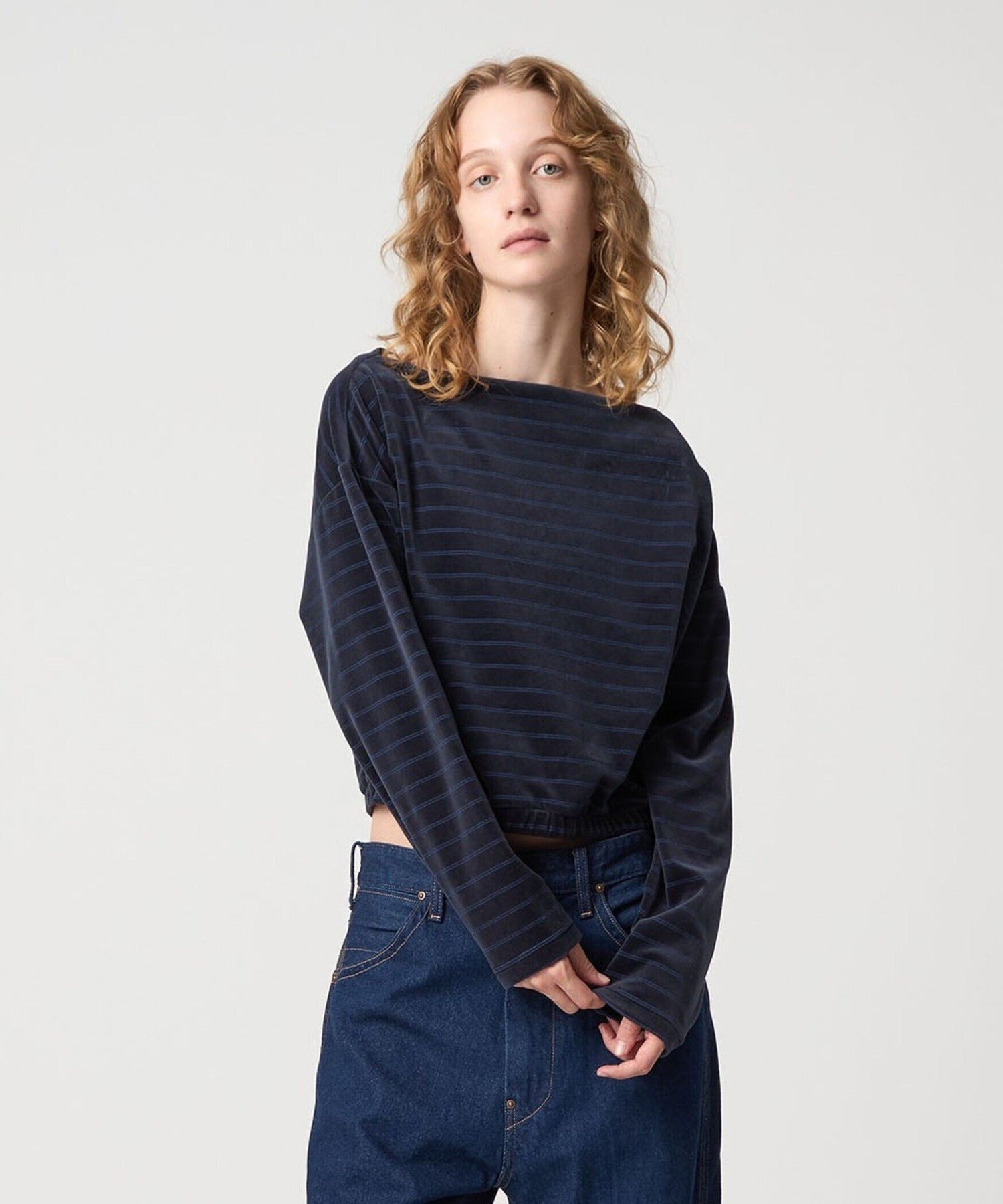 6(ROKU) ＜6(ROKU)＞ベロア ボーダー オフショルダー トップス ビューティー＆ユース　ユナイテッドアローズ トップス カットソー・Tシャツ ネイビー【送料無料】のサムネイル