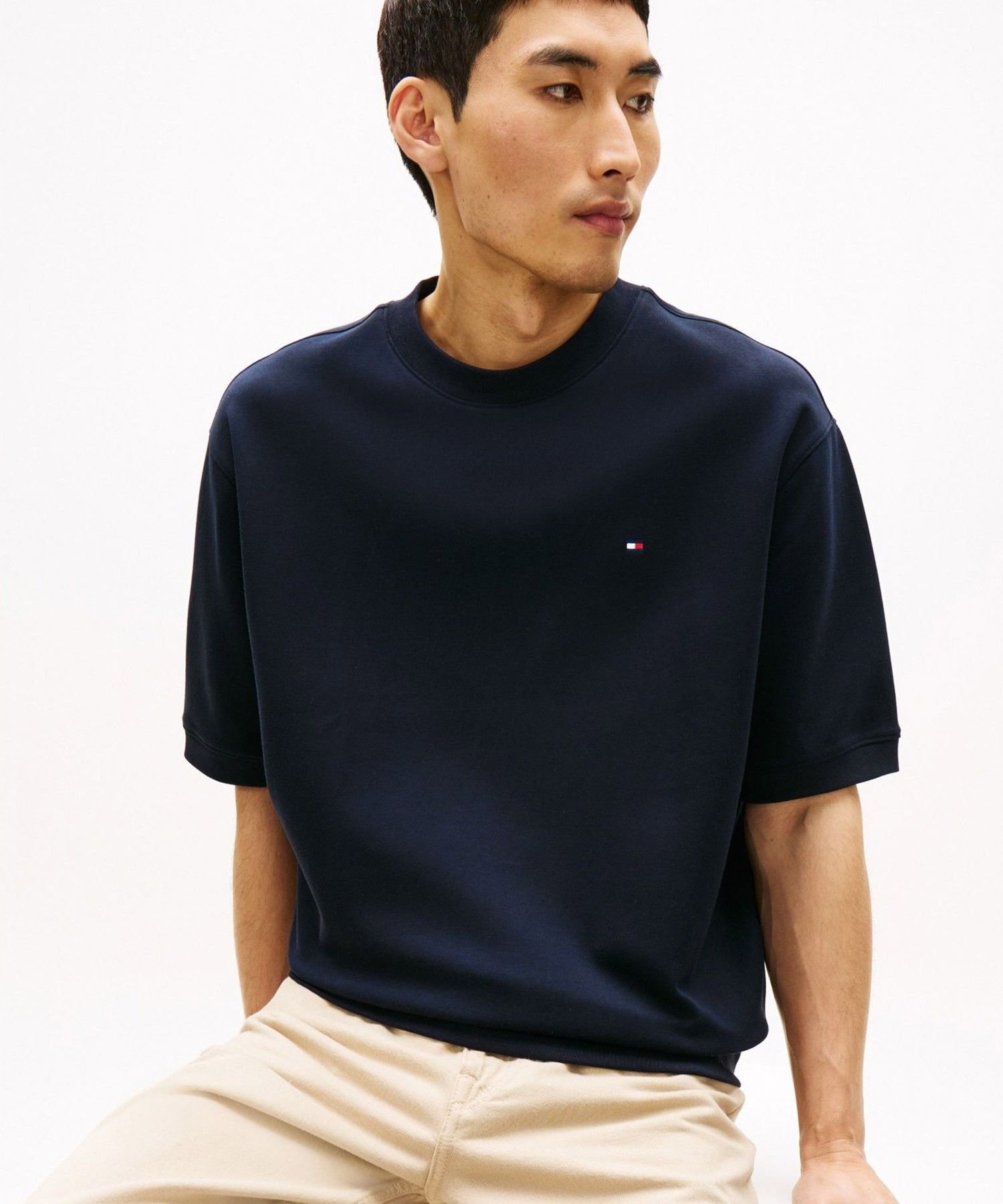 TOMMY HILFIGER ダブルニットショートスリーブスウェットシャツ トミーヒルフィガー トップス スウェット・トレーナー ネイビー ホワイト【送料無料】