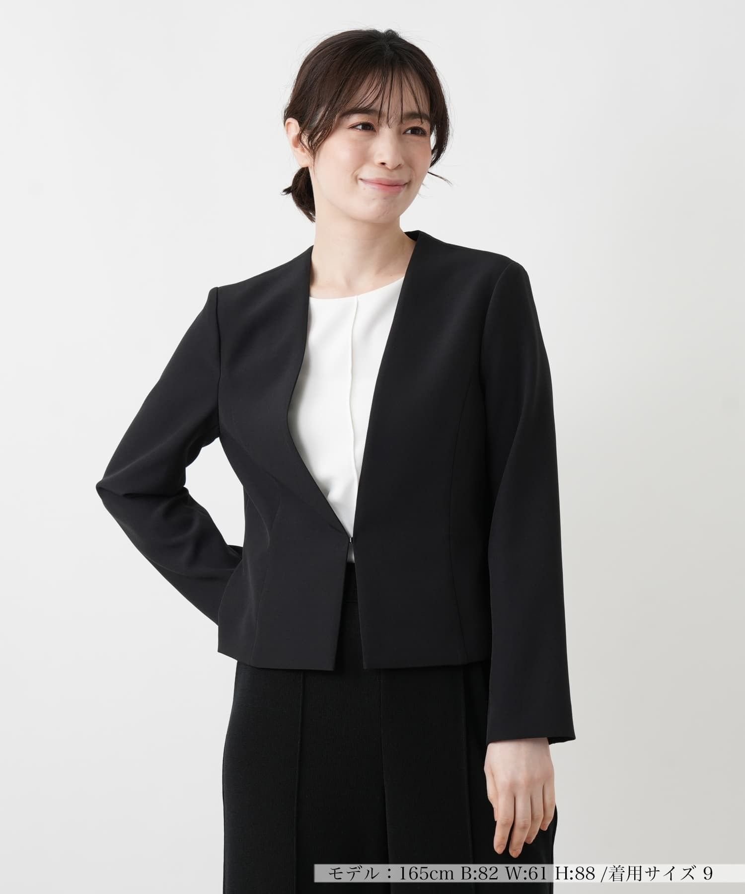 Leilian 洗えるノーカラーVネックジャケット【Leilian WHITE LABEL】 レリアン ジャケット・アウター テーラードジャケット・ブレザー ネイビー ブラック ベージュ