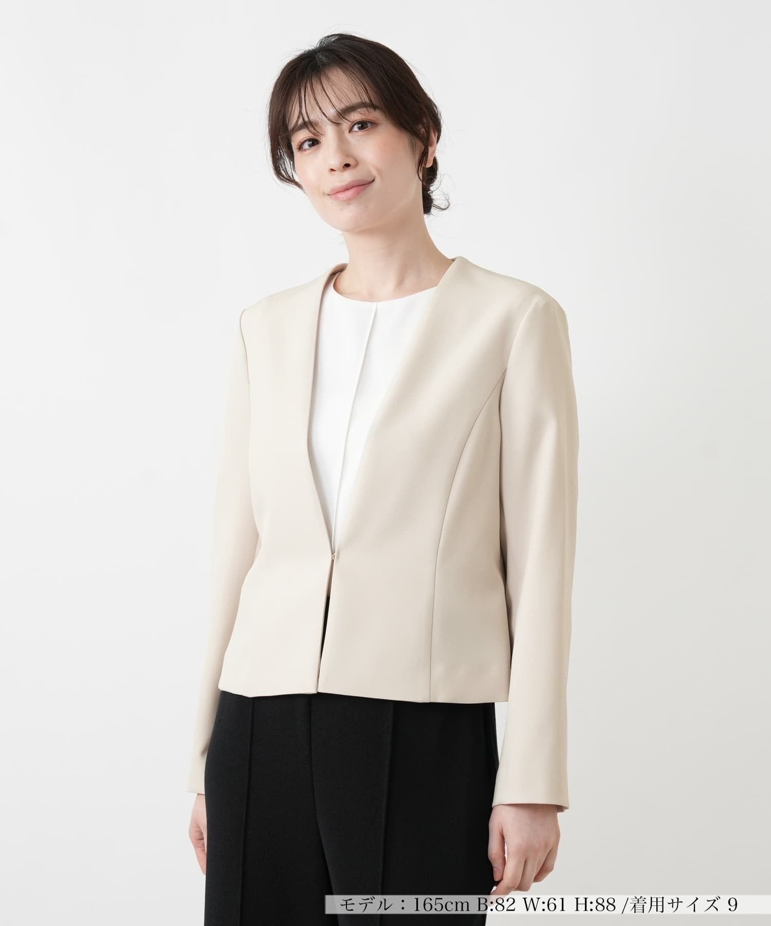 Leilian 洗えるノーカラーVネックジャケット【Leilian WHITE LABEL】 レリアン ジャケット・アウター テーラードジャケット・ブレザー ネイビー ブラック ベージュ