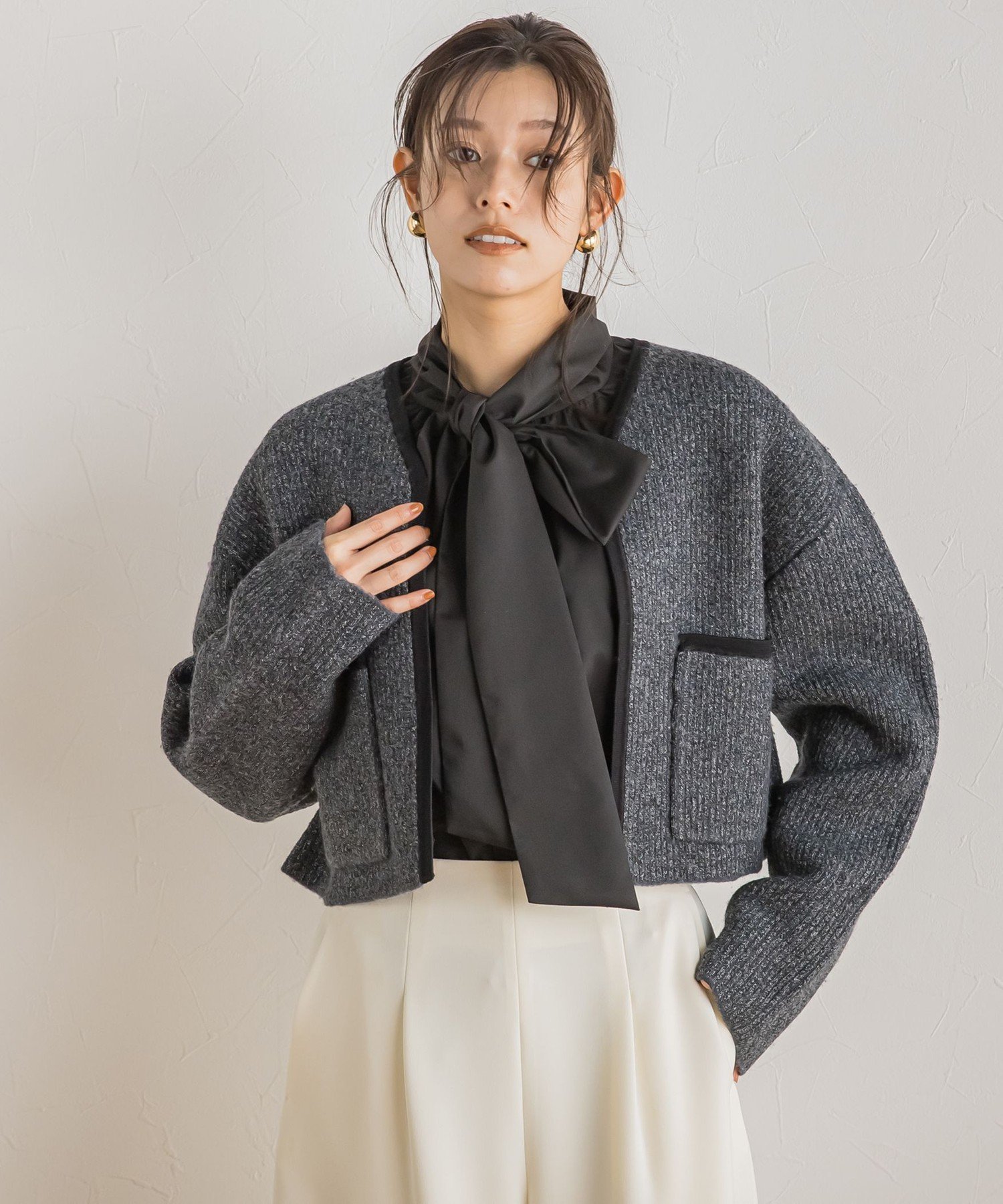 【SALE／50%OFF】Droite lautreamont 【カタログ掲載】ストライプニットジャケット≪手洗い可能≫ ドロワット・ロートレアモン トップス ニット ホワイト グレー【送料無料】