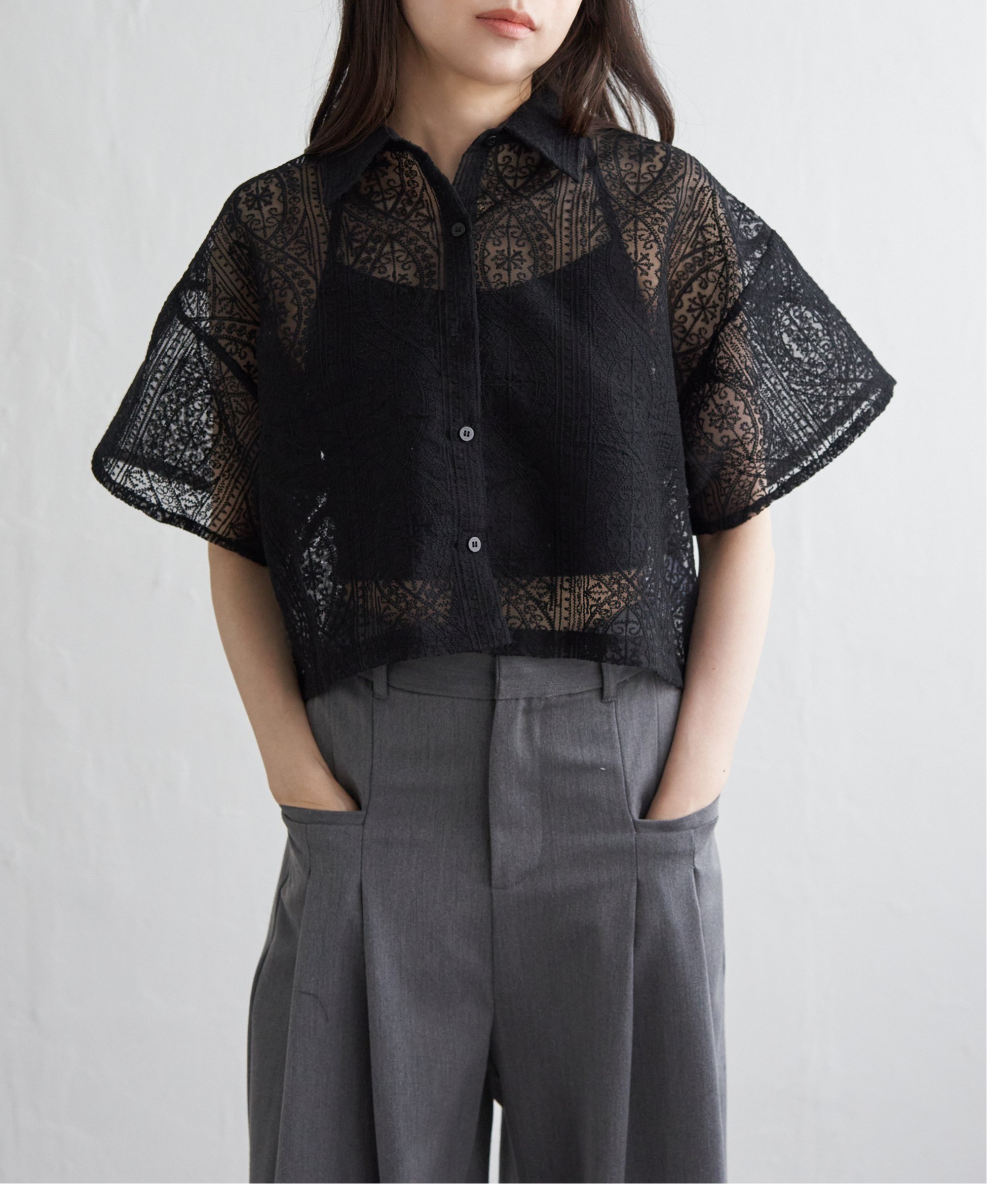 【SALE／28%OFF】VENCE share style Ladys レースハーフスリーブショートシャツ ヴァンス エクスチェンジ トップス シャツ・ブラウス ブルー ブラック ブラウン ホワイトのサムネイル