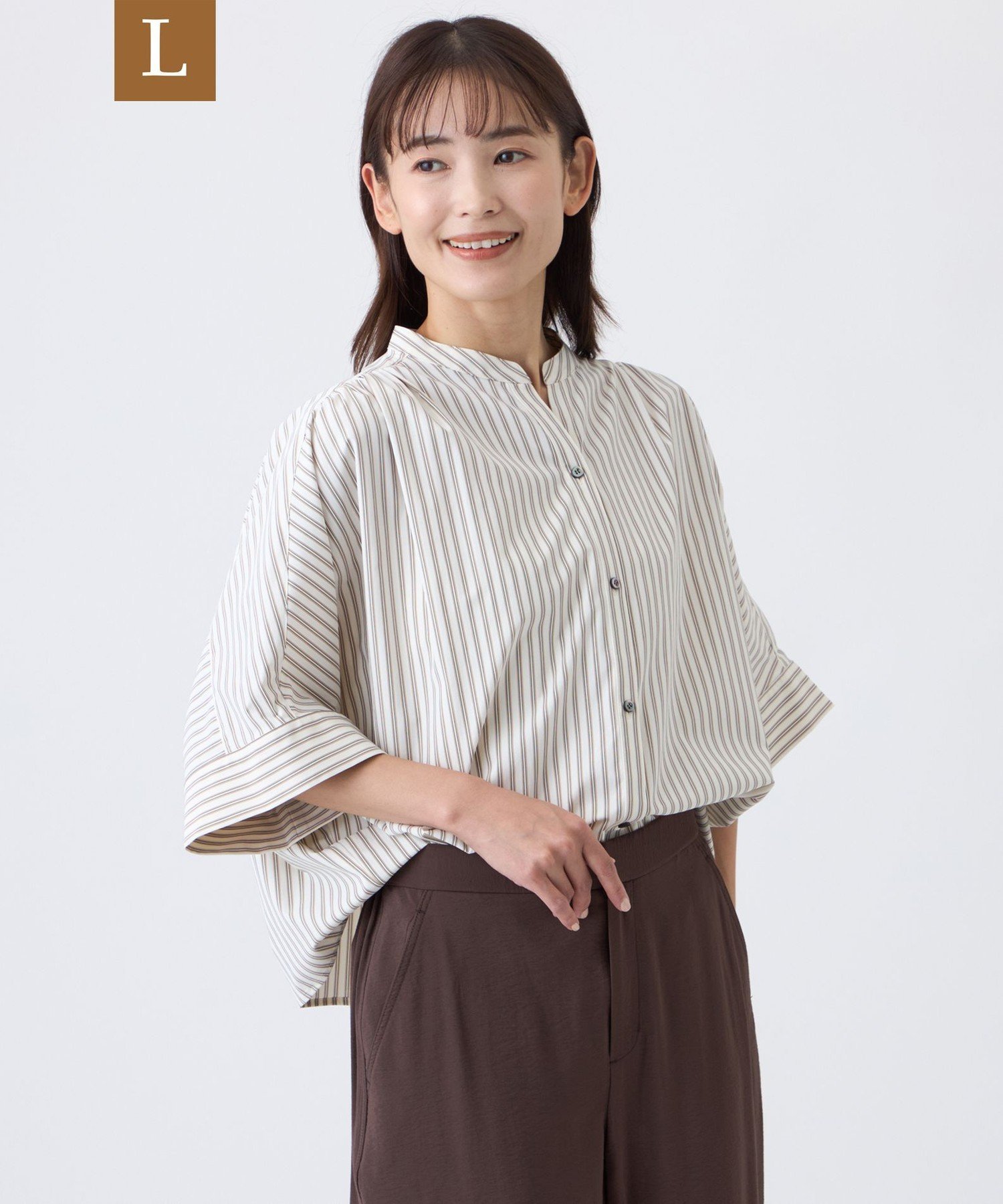 TRANS WORK 【L】【接触冷感・遮熱性・防しわ(着用じわ)・ウォッシャブル】ソフトライプライターマルチストライプブラウス サンヨー エルサイズ トップス シャツ・ブラウス ベージュ