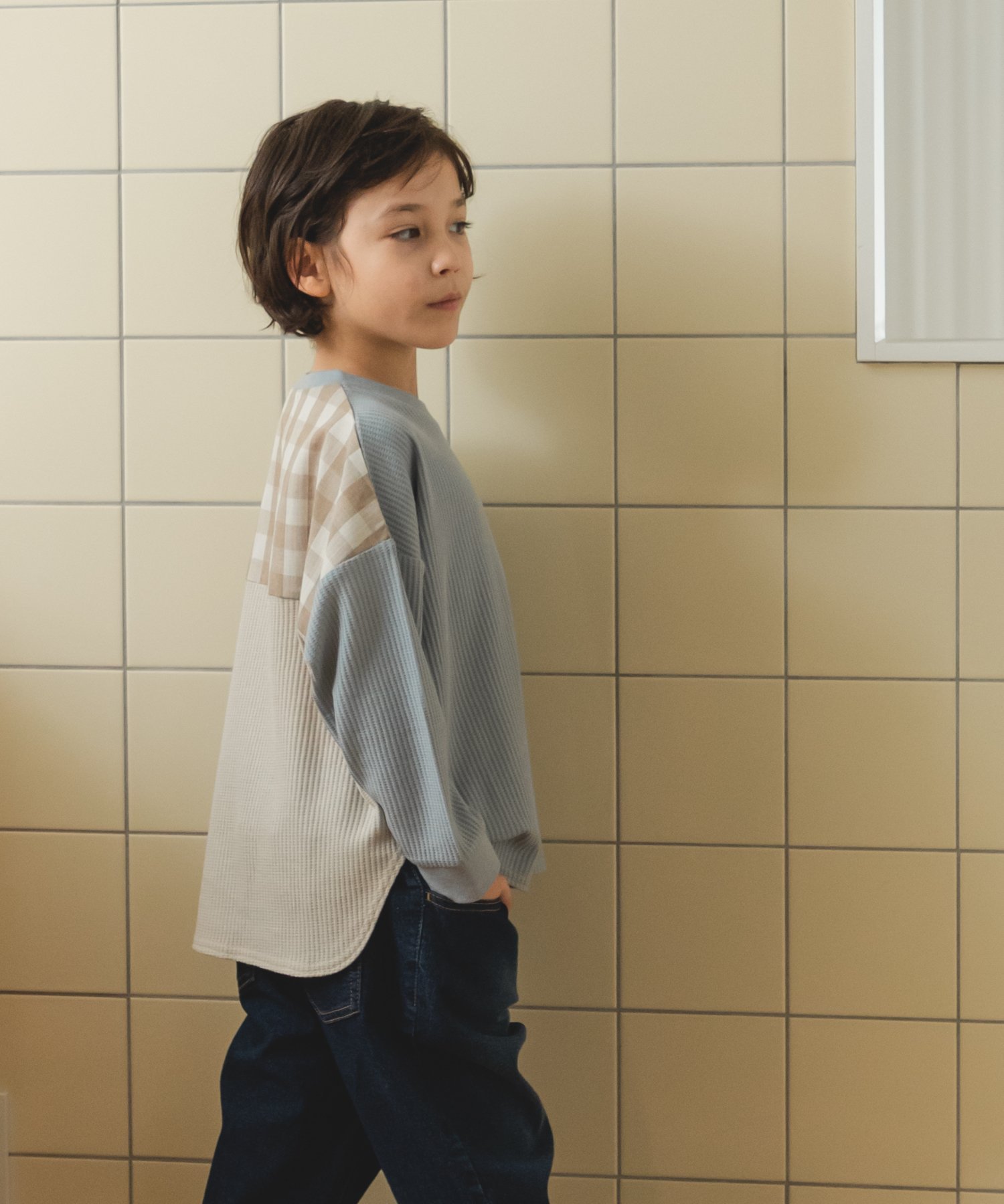 pairmanon ワッフル バックデザイン 配色 ドッキング 長袖 Tシャツ ペアマノン トップス カットソー・Tシャツ ブラックのサムネイル