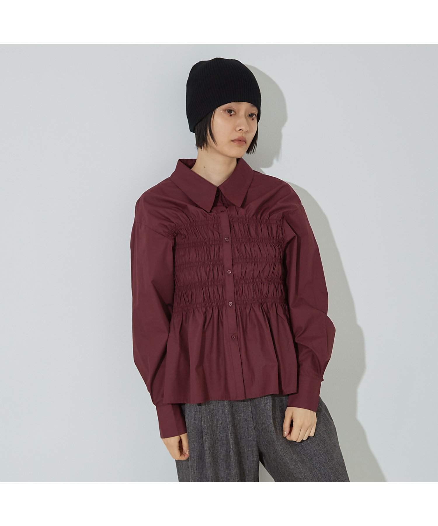 【SALE／19%OFF】NOMINE ビスチェ風 シャーリング シャツ ノミネ トップス シャツ・ブラウス レッド グ..