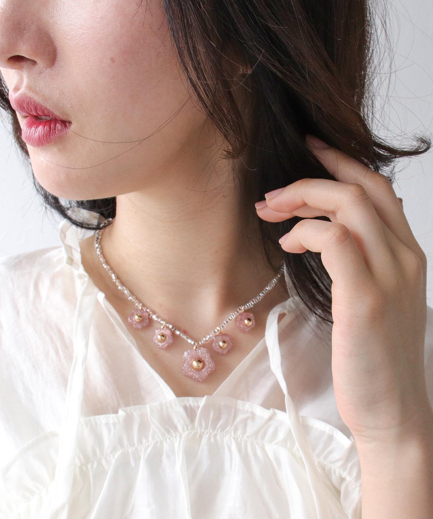 【SALE／50%OFF】Three Four Time フラワー×カラービーズネックレス スリーフォータイム アクセサリー・腕時計 ネックレス ブルー ピンク