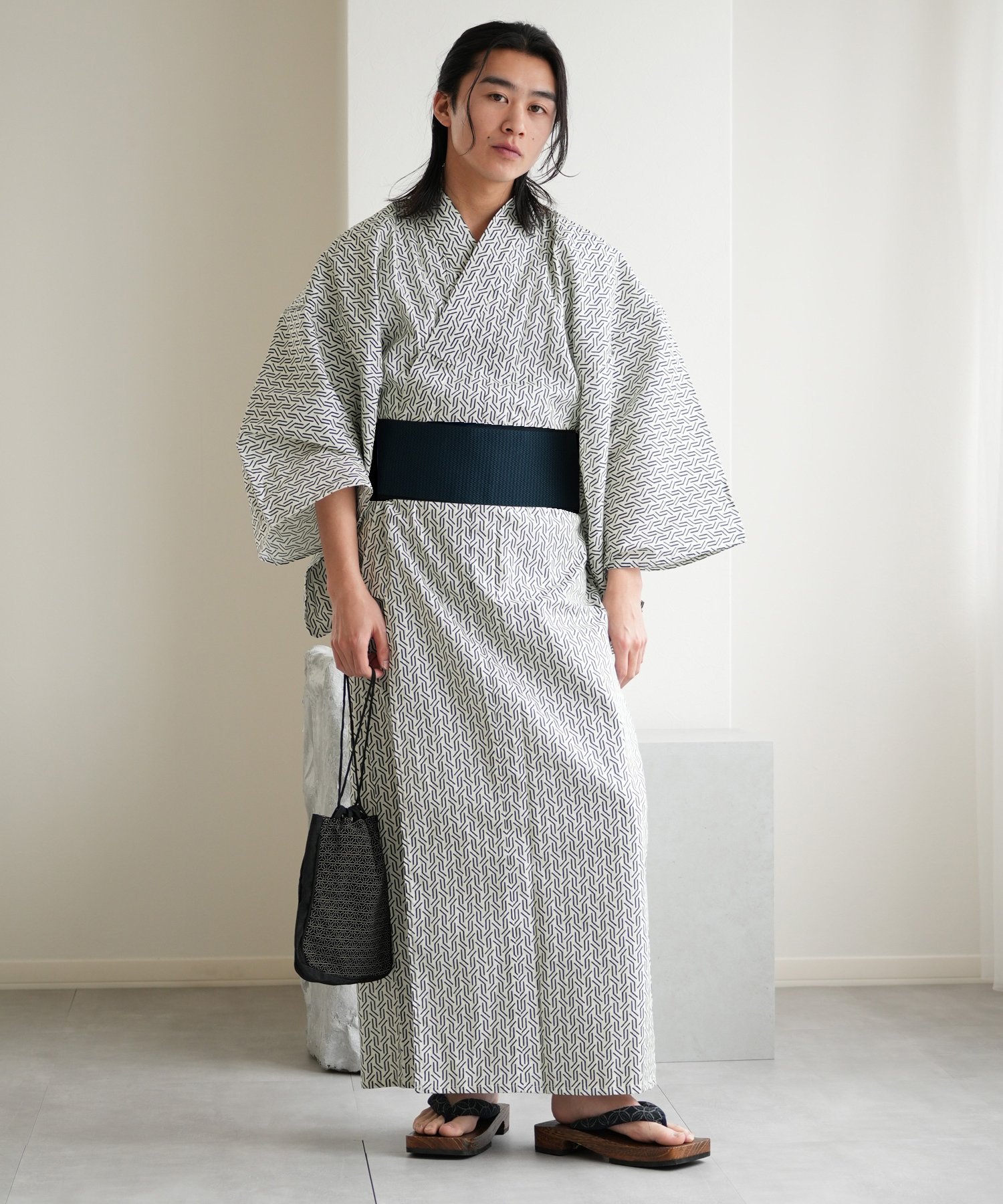 utatane メンズ 浴衣3点セット 白黒の幾何学 ウタタネ 着物・浴衣・和装小物 浴衣【送料無料】