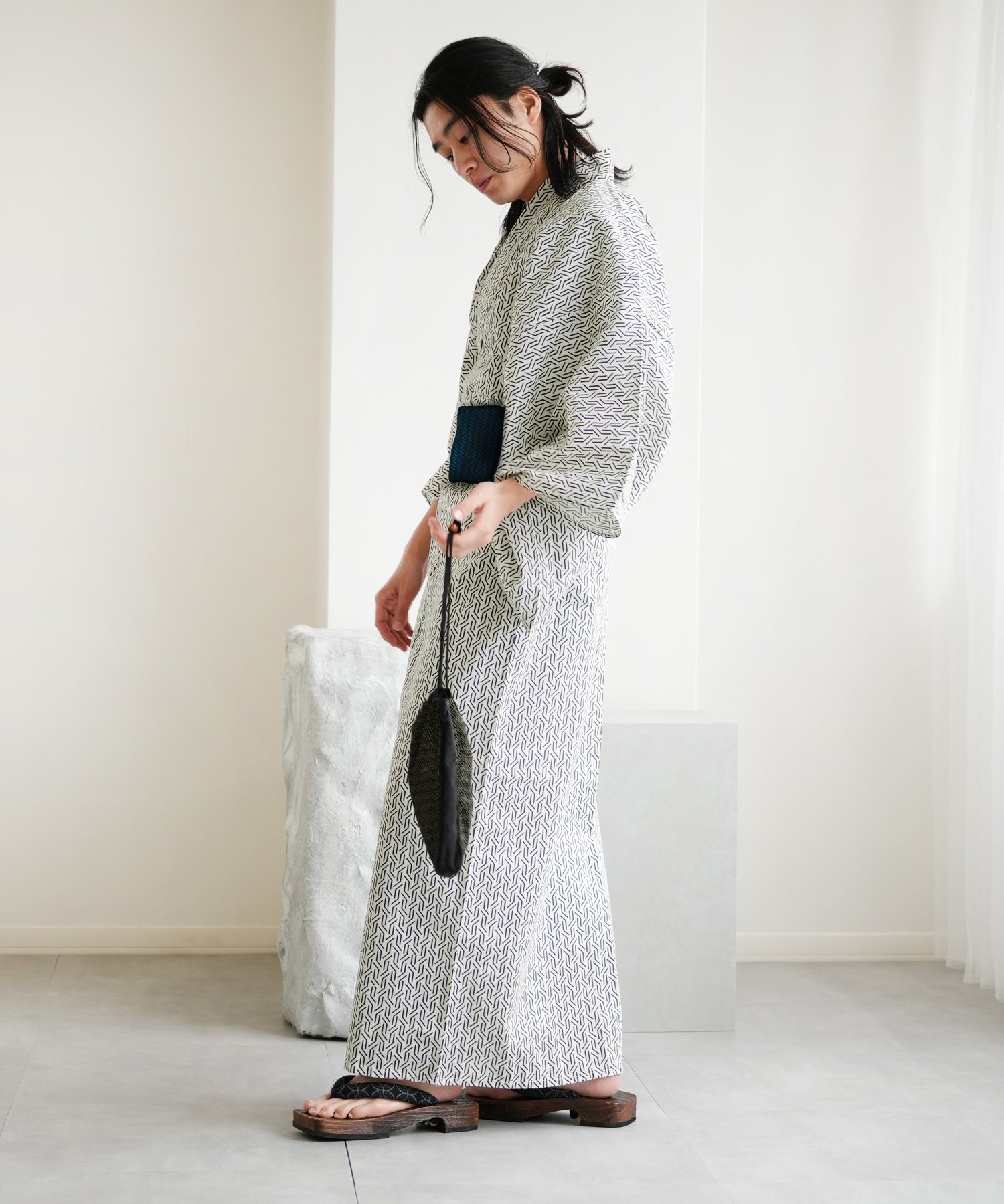 utatane メンズ 浴衣3点セット 白黒の幾何学 ウタタネ 着物・浴衣・和装小物 浴衣【送料無料】