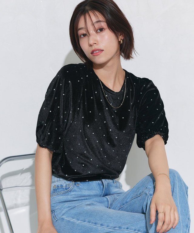 Pierrot ラメドットベロアトップス ピエロ トップス カットソー・Tシャツ ブラック ベージュ