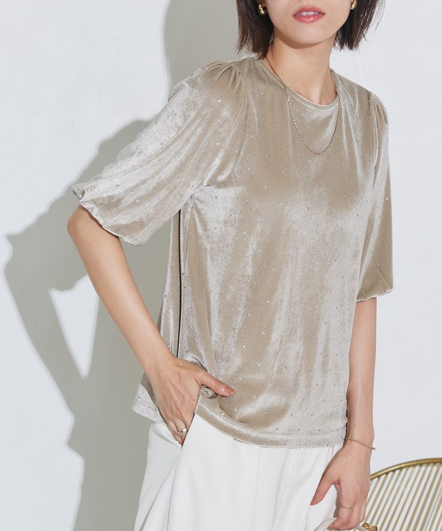 Pierrot ラメドットベロアトップス ピエロ トップス カットソー・Tシャツ ブラック ベージュ