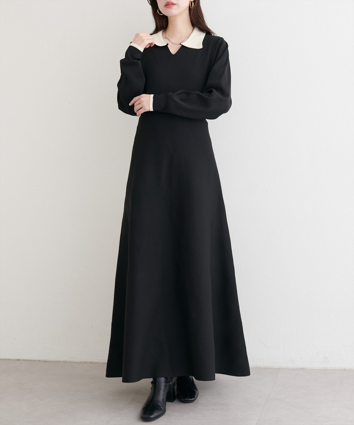 natural couture 【WEB限定】配色衿付きニットワンピース ナチュラルクチュール ワンピース・ドレス その他のワンピース・ドレス ホワイト ブラック ネイビー【送料無料】のサムネイル