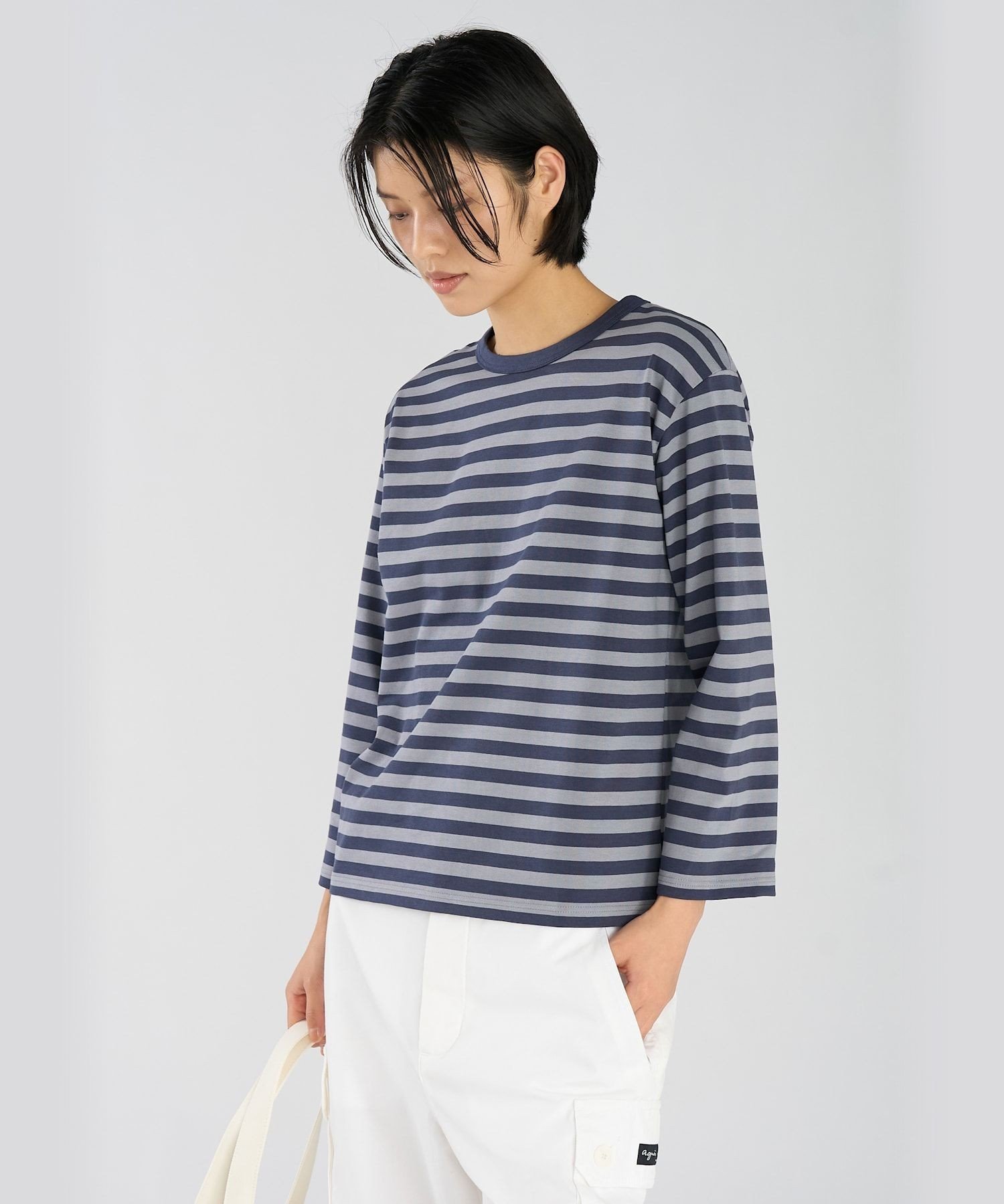 細ボーダー コットン 七分袖 Tシャツ "Lil Cool" アニエスベー トップス カットソー・Tシャツ