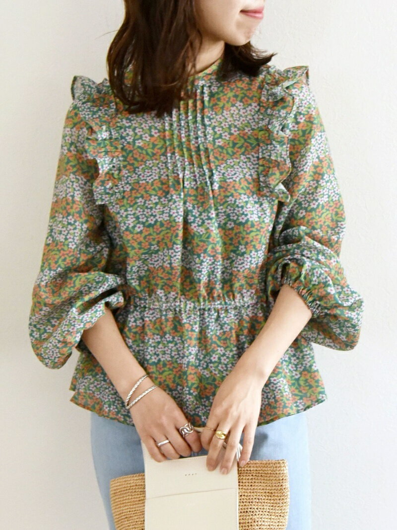 【SALE／50%OFF】SHIPS any SHIPS any:＜ウォッシャブル＞Longchamp フラワー プリント フリル ギャザー ブラウス シップス トップス シャツ・ブラウス ネイビー グリーン【送料無料】のサムネイル