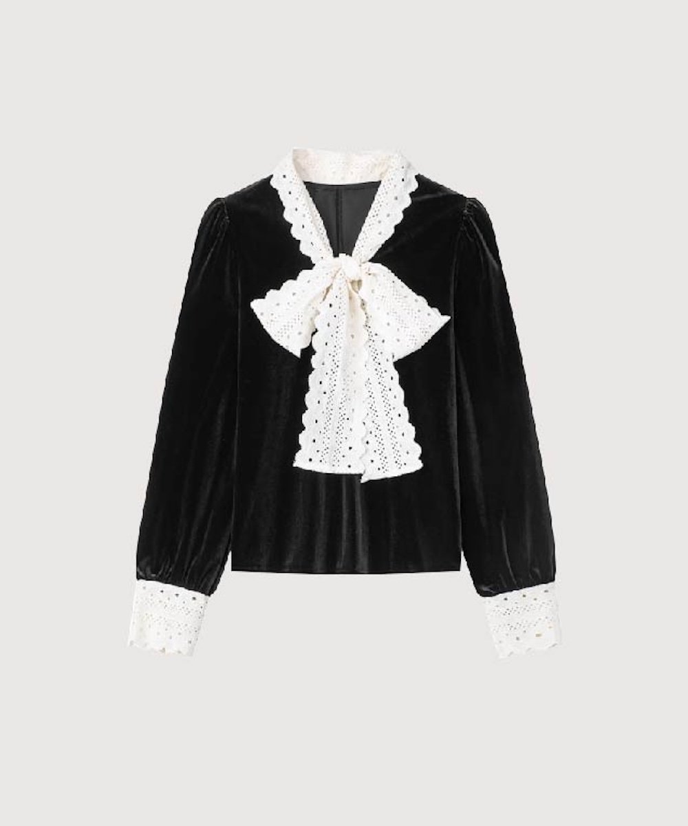 LA POMME petit Big Lace Ribbon Velvet Blouse ラポミ・プチ トップス シャツ・ブラウス ブラック【送料無料】