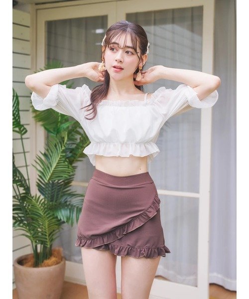 【SALE／17%OFF】Resort Island ストライプシフォン×オフショル水着 スイムウェア ...