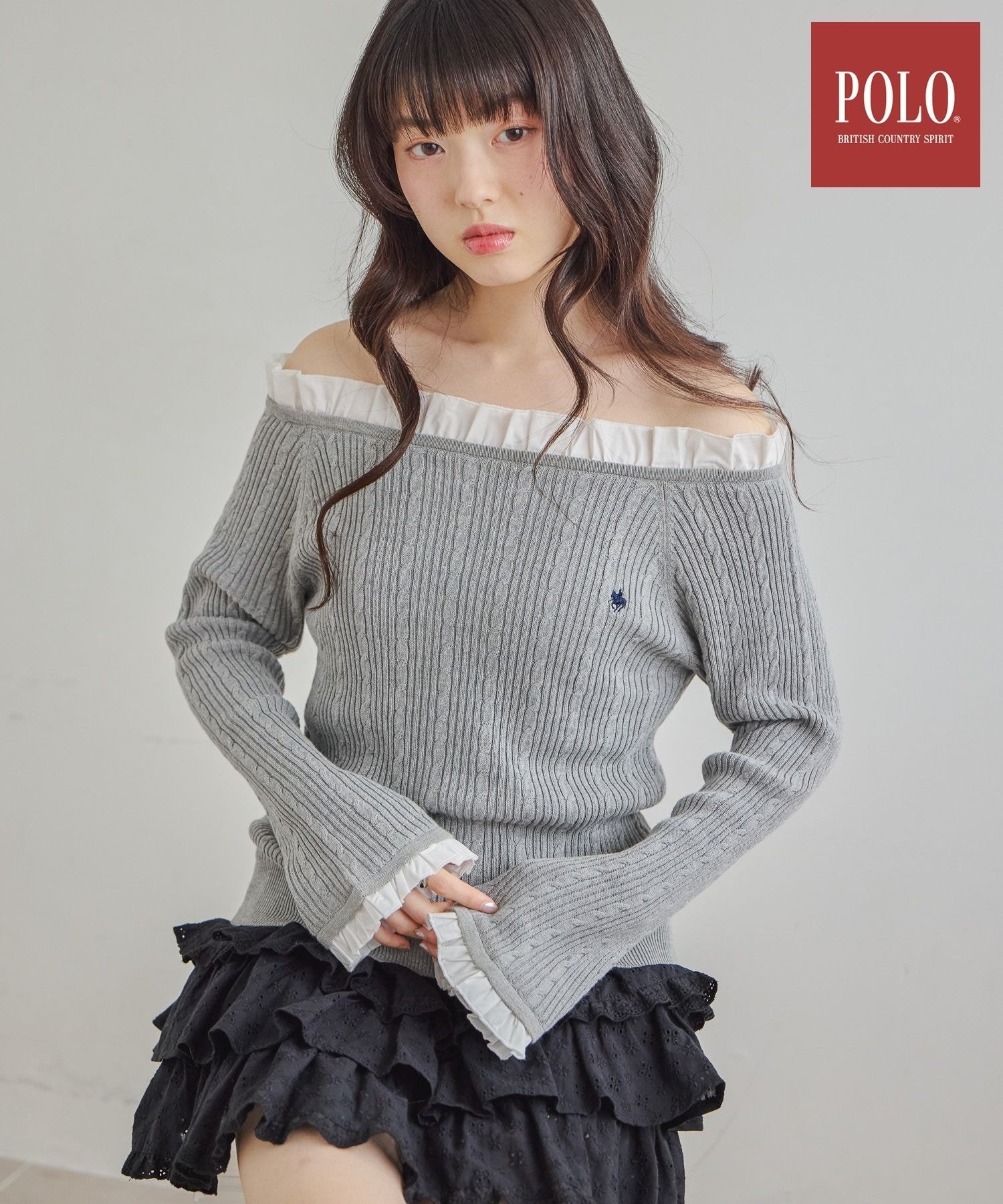 Heather 【POLO BCS(ポロ・ビーシーエス)】フリルドッキングプルオーバー ヘザー トップス ニット ブラック ベージュ グレー