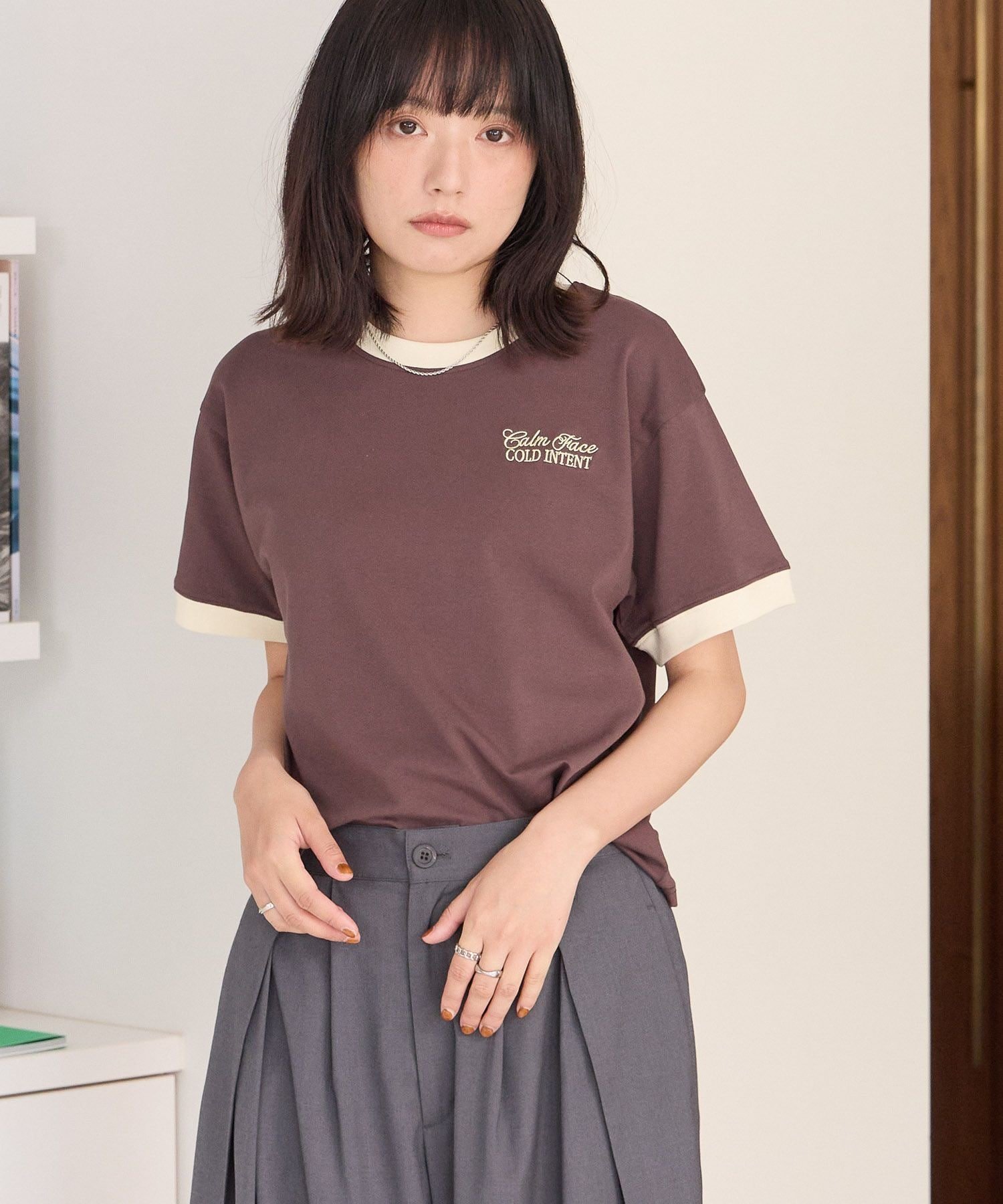 PAGEBOYLIM 【PBLIM】ピタットリンガーT ページボーイ トップス カットソー・Tシャツ ブラウン グレー