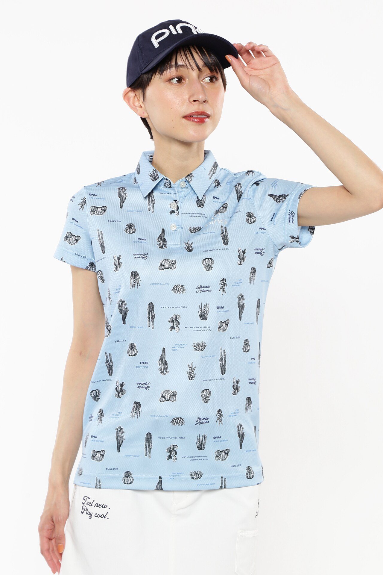 【SALE／70%OFF】PING APPAREL サボテン柄 クイックドライ半袖ポロシャツ ＜NATIVE＞ (LADIES) ピン アパレル トップス ポロシャツ ピンク ベージュ ブルー ネイビー