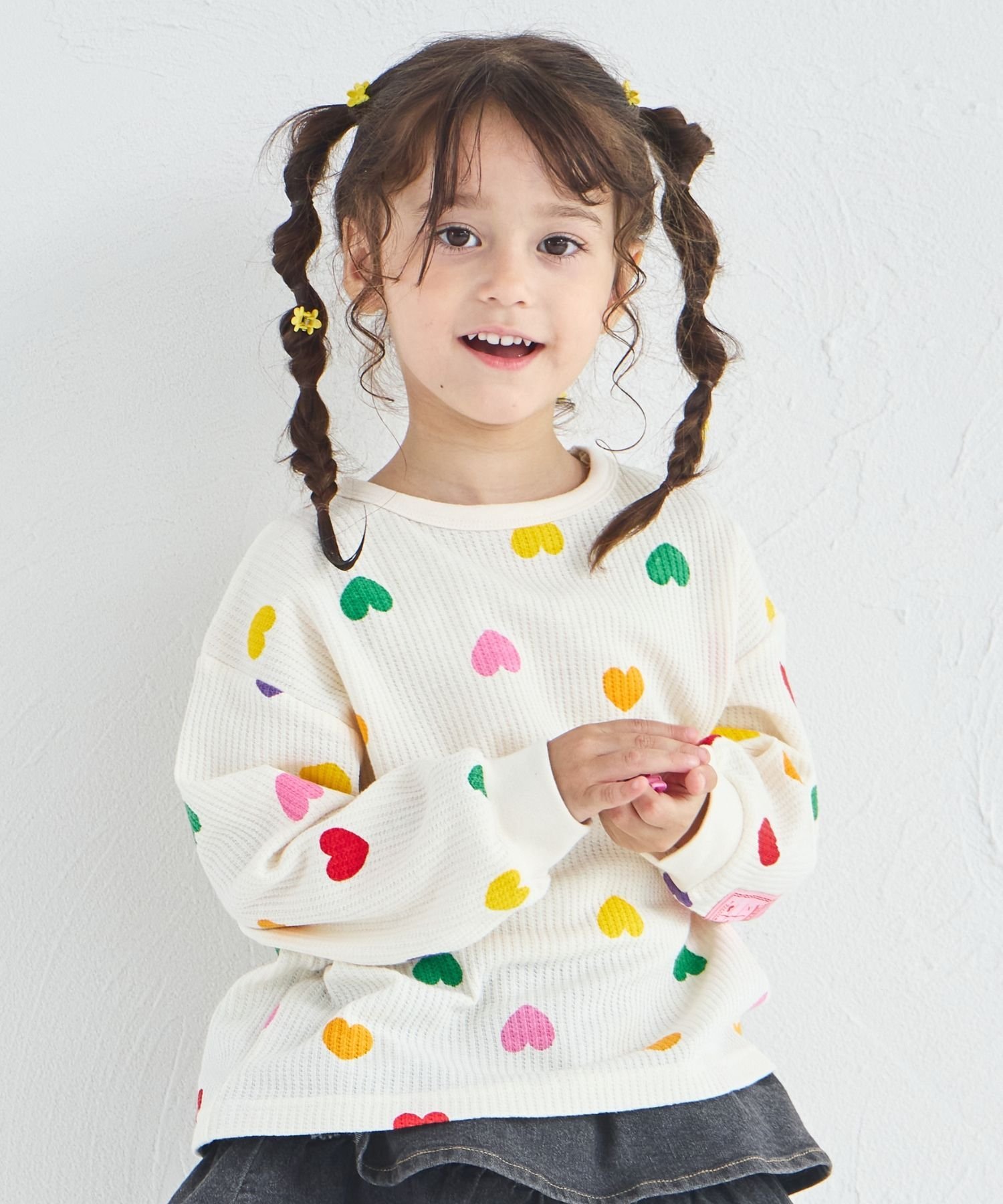 pairmanon 【軽ふわっふる】【セットアップ着用可能】ガールズ アソート ワッフル ゆるトップス ペアマノン トップス カットソー・Tシャツ ブラック ホワイト イエローのサムネイル