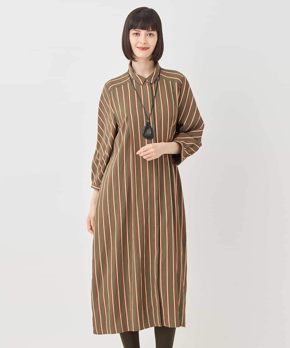 HIROKO BIS GRANDE 【大きいサイズ】ストライプシャツワンピース ヒロコ ビス グランデ ワンピース・ドレス ワンピース ホワイト カーキグリーン