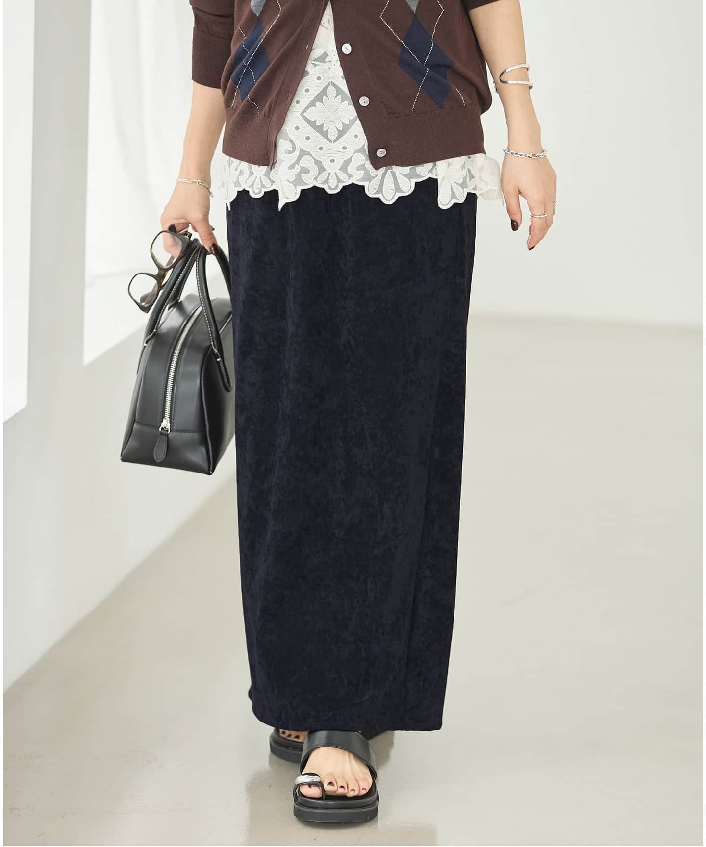 JOURNAL STANDARD 《予約》アセテートベロアマキシ スカート ジャーナル スタンダード スカート ロング・マキシスカート ネイビー ブラック