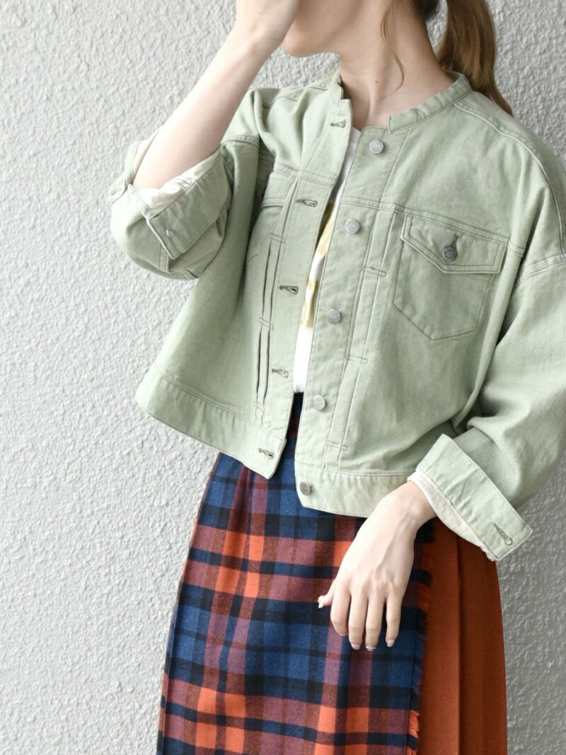 【SALE／40%OFF】SHIPS any 【SHIPS any別注】CIMARRON JEANS:＜ウォッシャブル＞ノーカラー デニム ジャケット シップス コート/ジャケット デニムジャケット グリーン ベージュ【送料無料】のサムネイル
