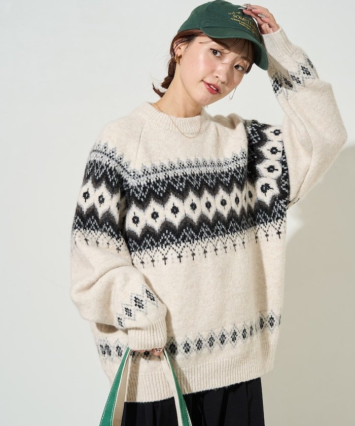 FREAK'S STORE ノルディック柄 オーバー ニット プルオーバー【限定展開】 25AW フリークスストア トップス ニット ブラウン グレー ベージュ【送料無料】のサムネイル