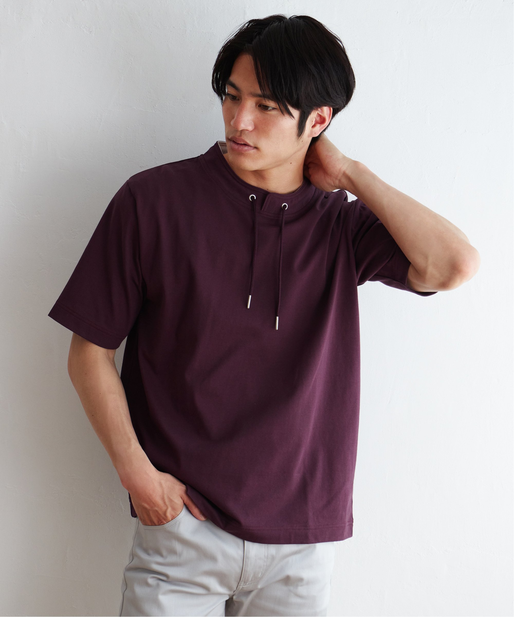 ikka ヒヤテックルーイカラー5分袖 イッカ トップス カットソー・Tシャツ グリーン レッド ブルー グレー ネイビー