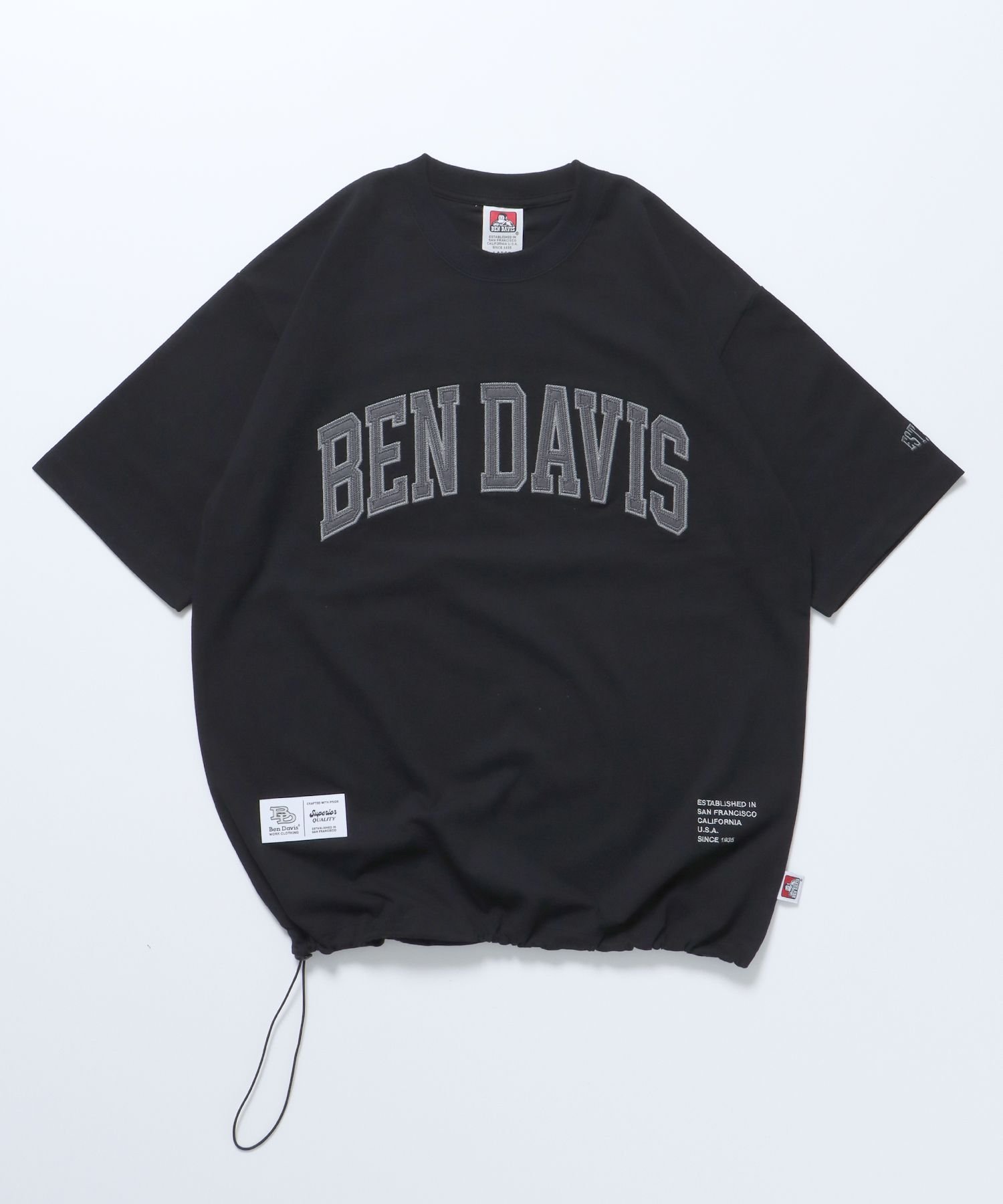 BEN DAVIS / WHITE LABEL LETTERED ATHLE TEE / ドローコード 半袖Tシャツ ロゴ刺繍 クルーネック オーバーサイズ ナバル トップス カットソー・Tシャツ ブラック ホワイト