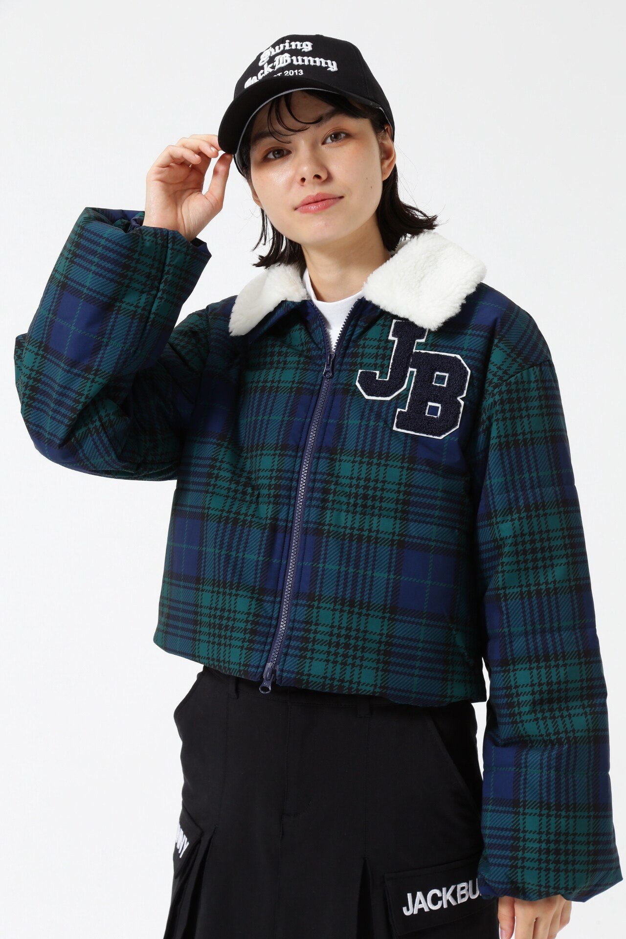Jack Bunny!! ボア襟ロゴチェック中綿ショート丈ブルゾン ジャックバニー ジャケット・アウター ブルゾン・ジャンパー グリーン ピンク