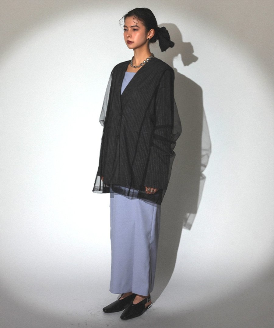 ANDRESD stripe layered tulle jacket ドノバン ジャケット・アウター ノーカラージャケット グレー ベージュ【送料無料】