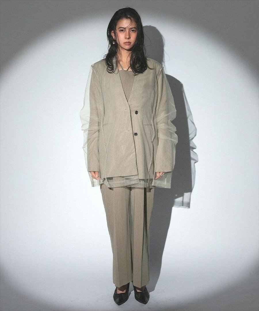 ANDRESD stripe layered tulle jacket ドノバン ジャケット・アウター ノーカラージャケット グレー ベージュ【送料無料】