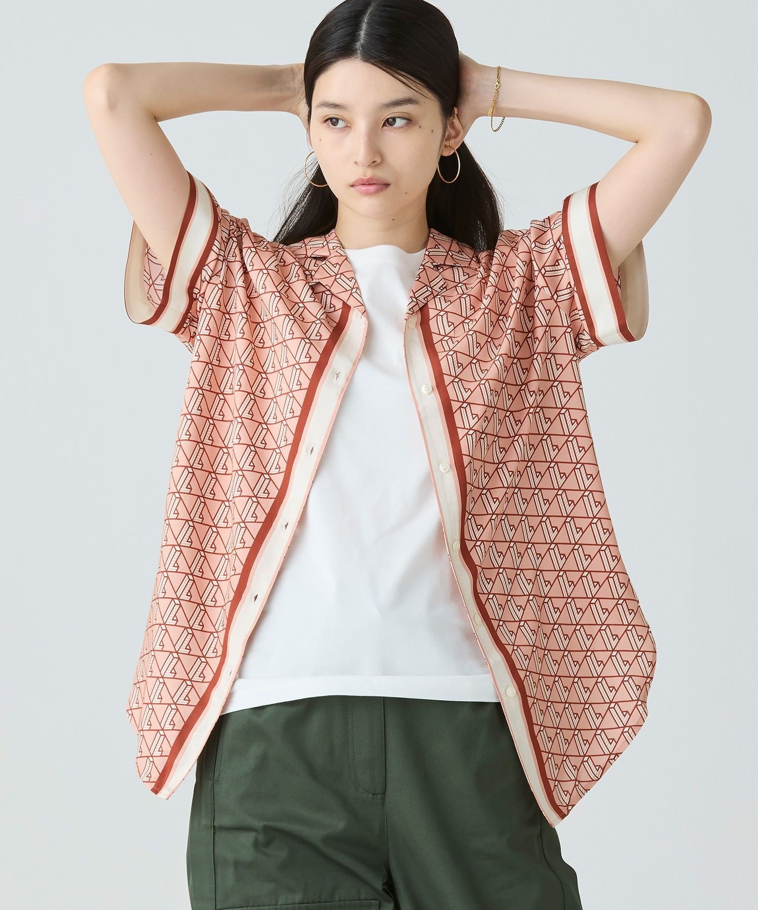 【SALE／40%OFF】LACOSTE ウィメンズオープンカラーモノグラムシャツ ラコステ トップス シャツ・ブラウス ピンク【送料無料】