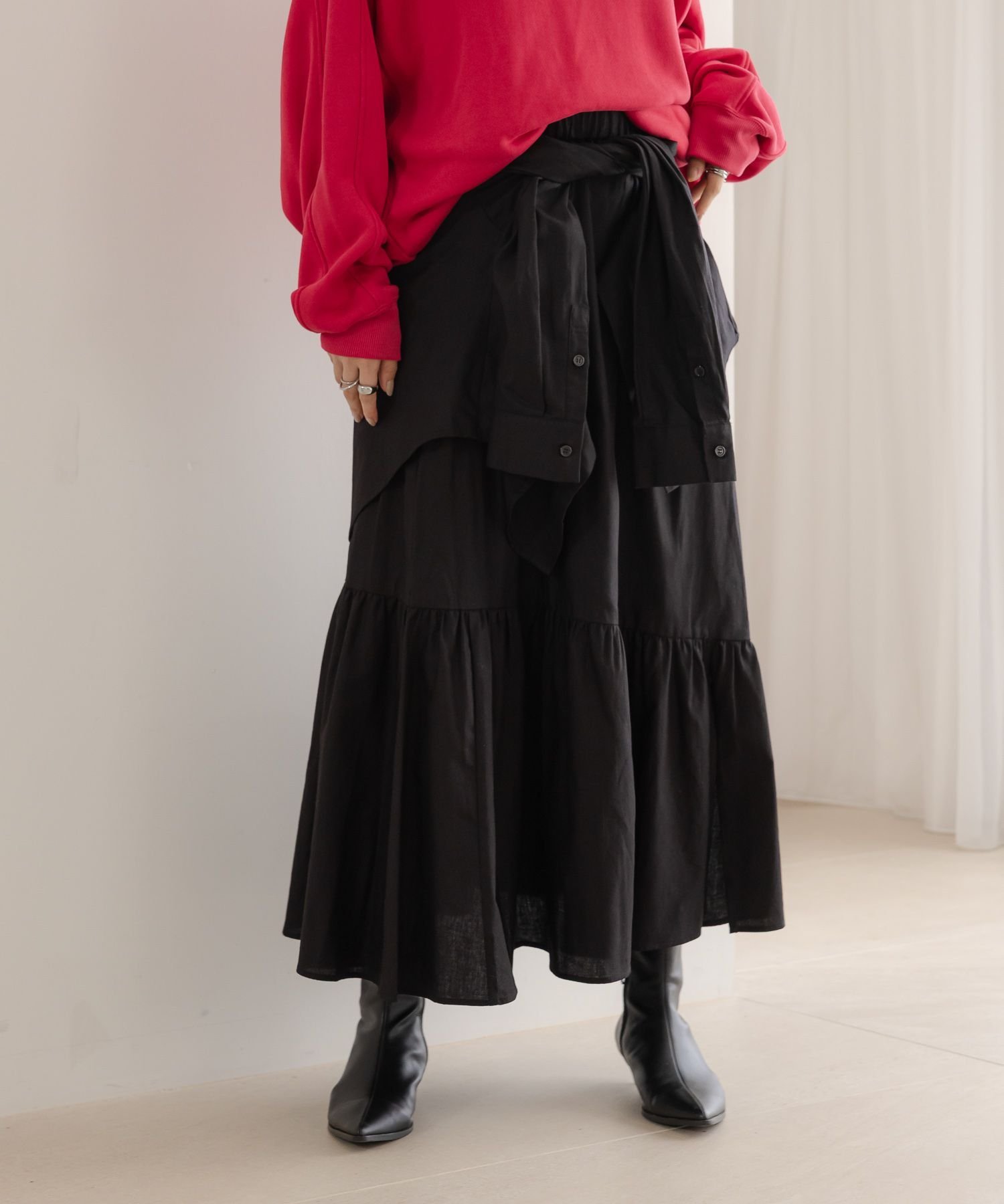 LOWRYS FARM シャツライクティアードスカート ローリーズファーム スカート ロング・マキシスカート ブルー ブラック
