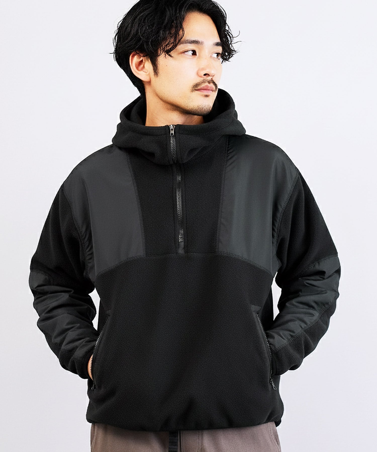 JIGGYS SHOP SELECT フリース*タフタ切替ハーフZIPプルオーバーパーカー フーディー ドロスト ジギーズショップ トップス パーカー・フーディー ブラック グレー【送料無料】