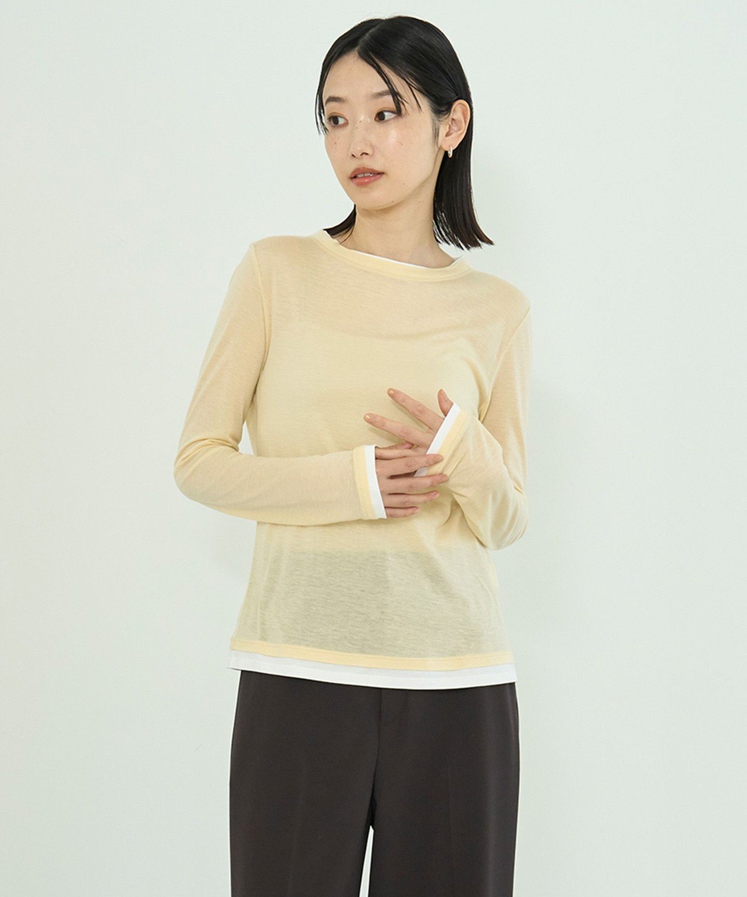 UNFILO L ソフトウール フェイクレイヤード ロンT アンフィーロ トップス カットソー・Tシャツ ホワイト ブルー グレー